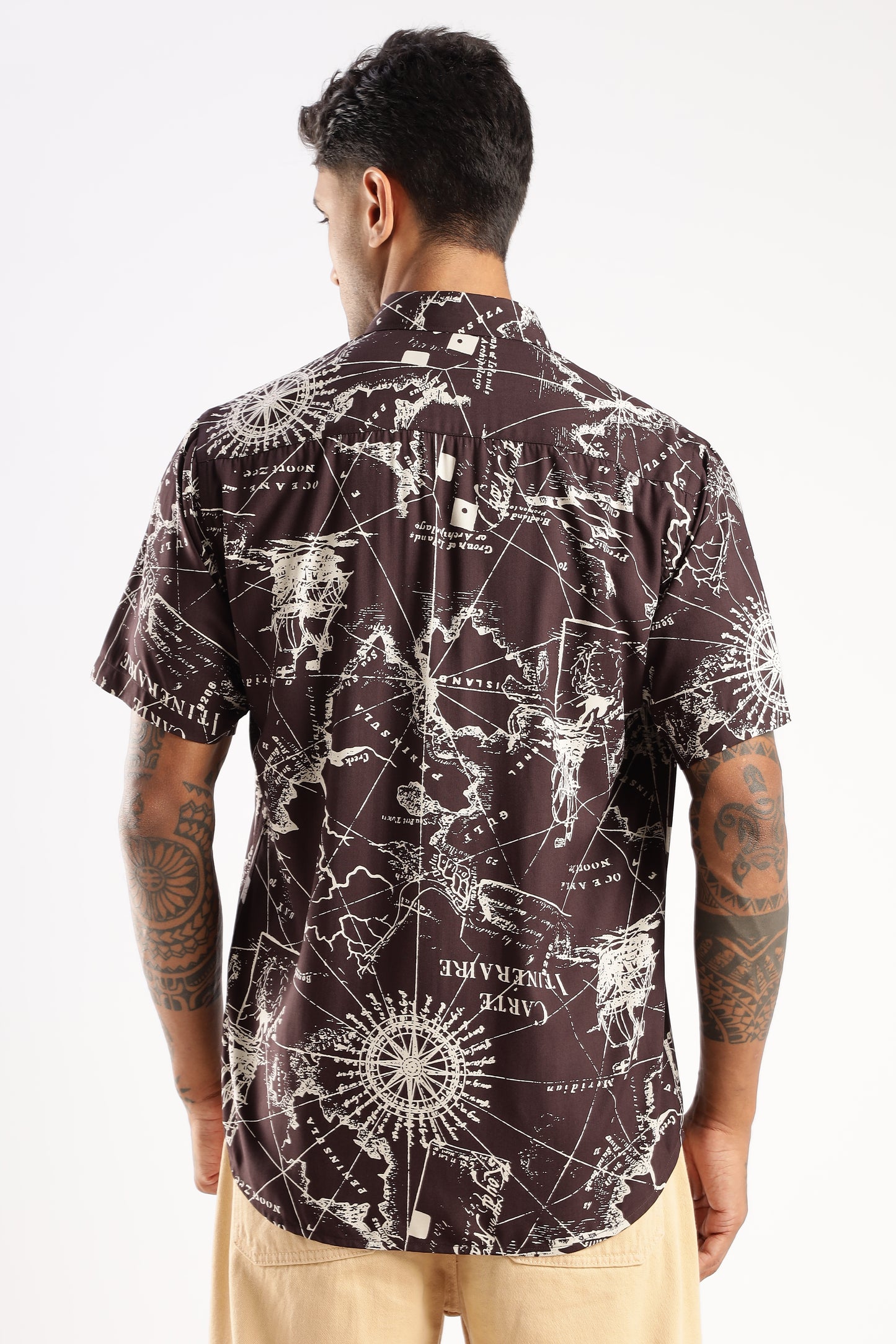 Men’s Vintage Map Print Short-Sleeve Shirt – Burgundy/Ivory