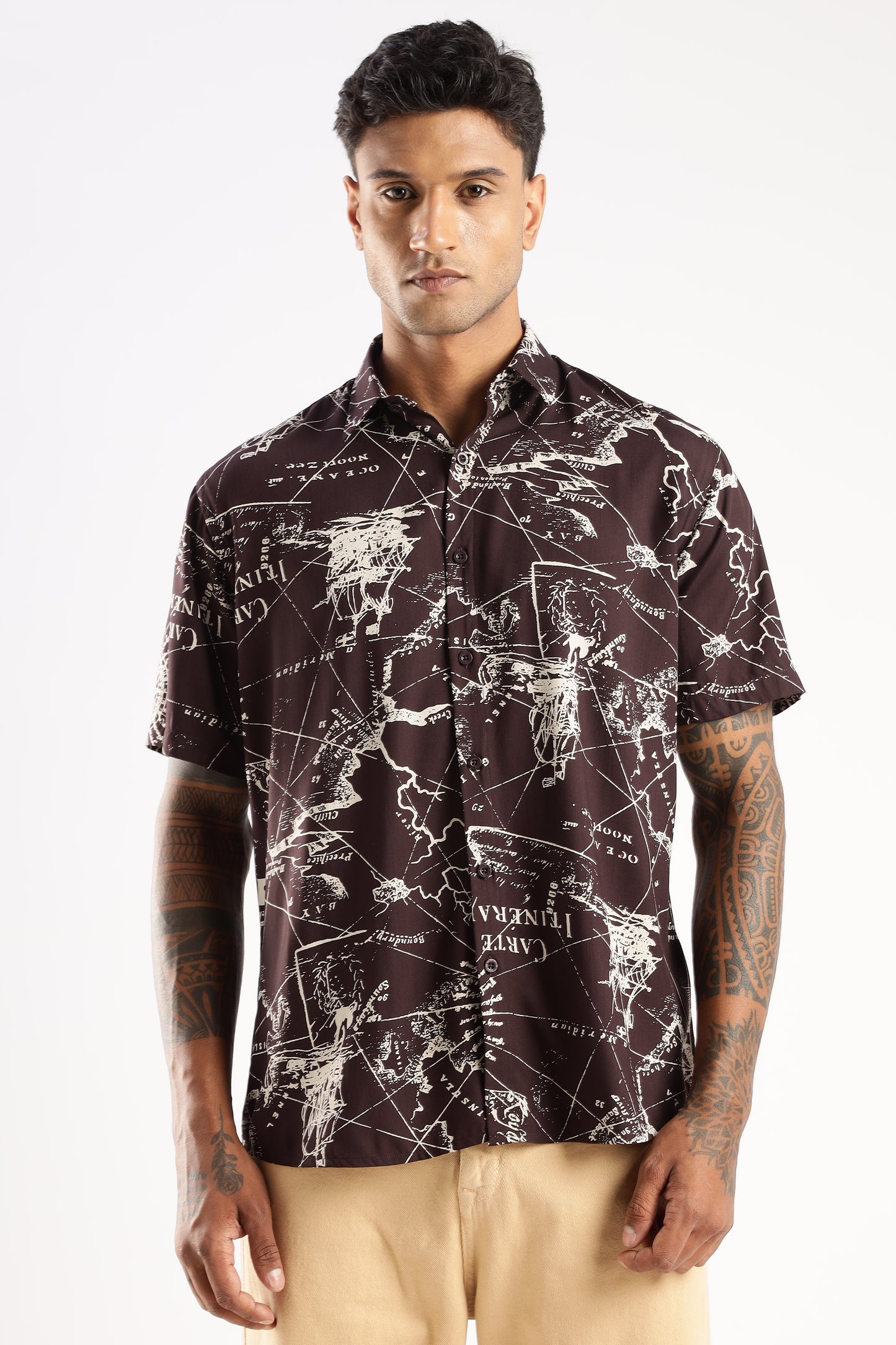 Men’s Vintage Map Print Short-Sleeve Shirt – Burgundy/Ivory