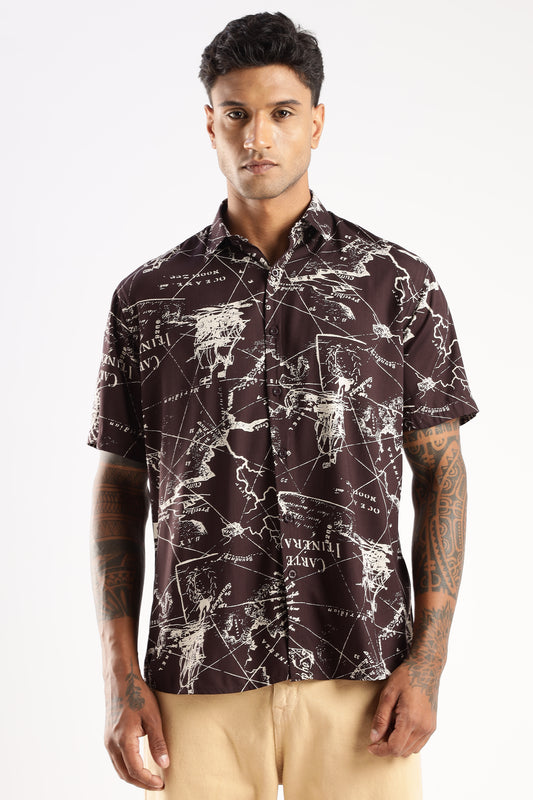 Men’s Vintage Map Print Short-Sleeve Shirt – Burgundy/Ivory
