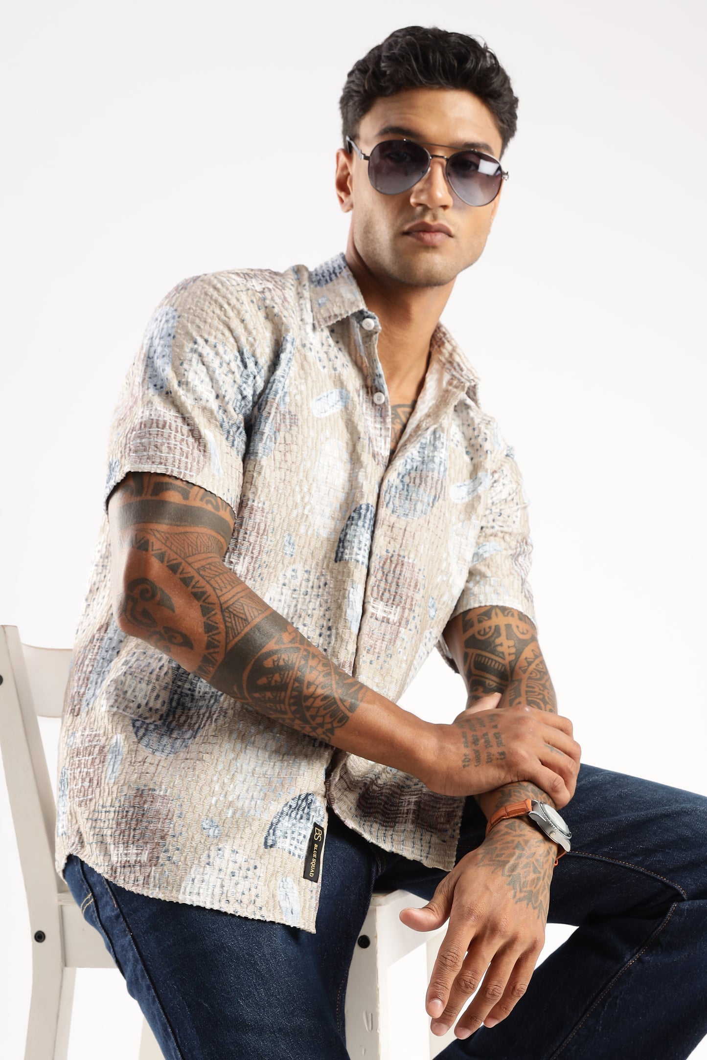 Men’s Seersucker-Texture Abstract Print Short-Sleeve Shirt – Sand & Sky