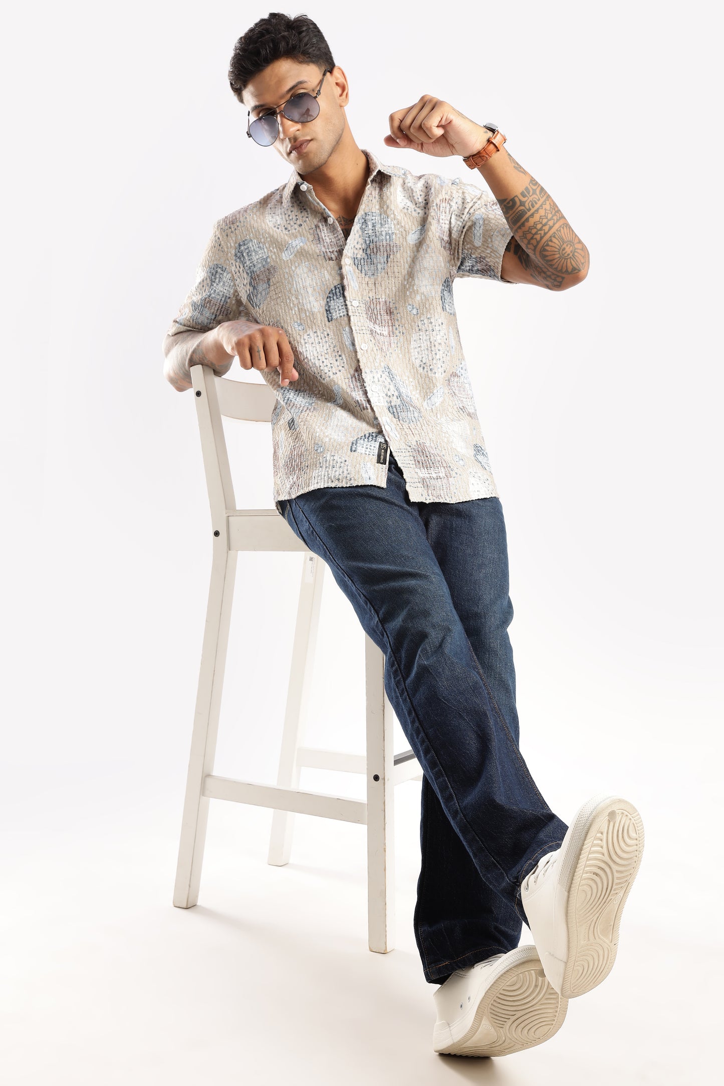 Men’s Seersucker-Texture Abstract Print Short-Sleeve Shirt – Sand & Sky