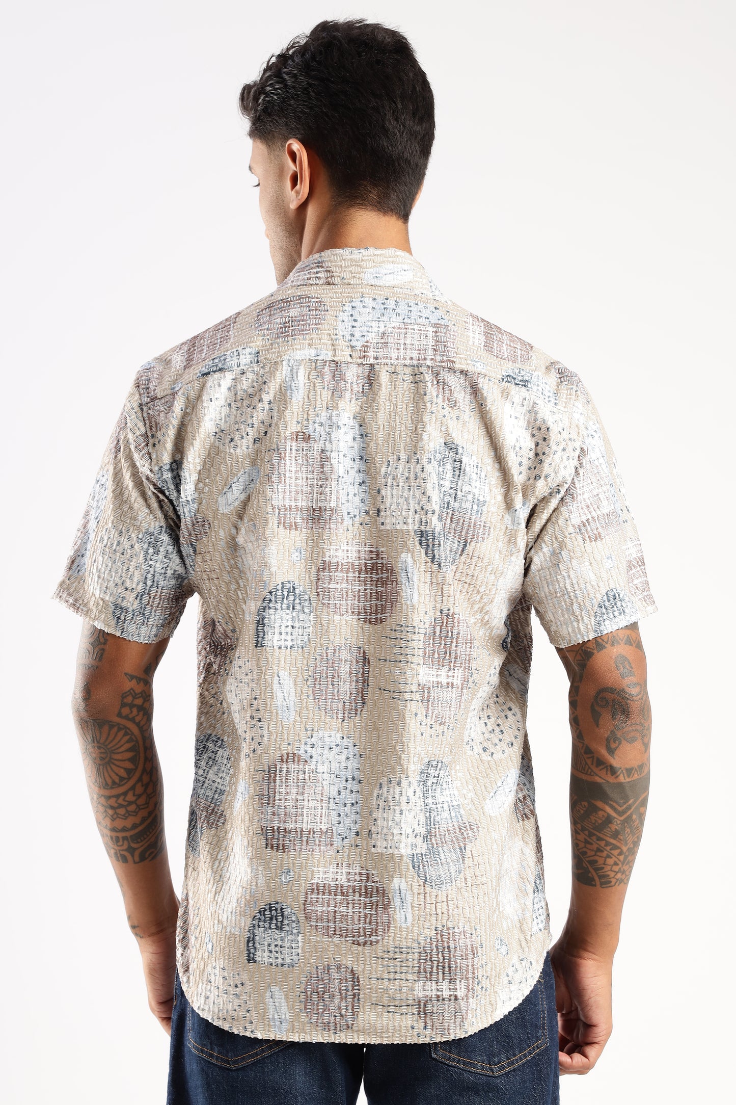 Men’s Seersucker-Texture Abstract Print Short-Sleeve Shirt – Sand & Sky