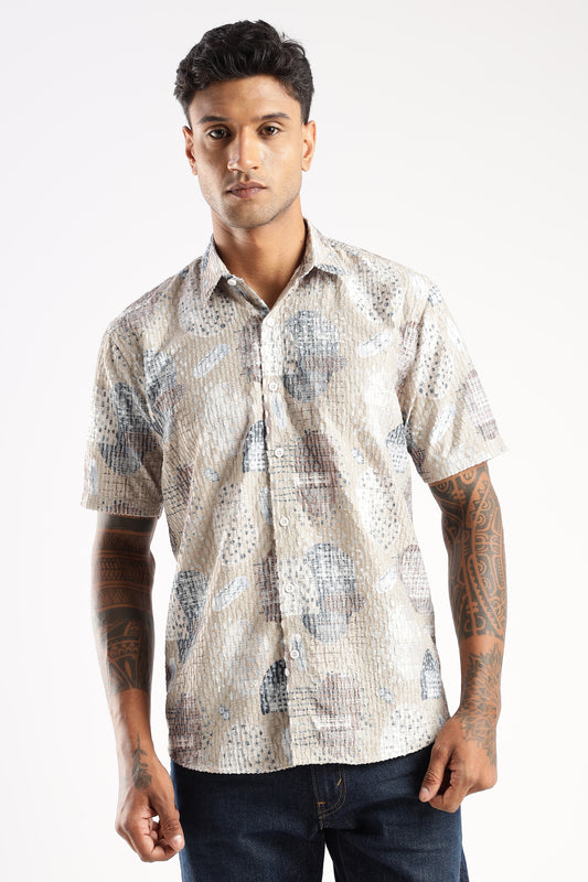Men’s Seersucker-Texture Abstract Print Short-Sleeve Shirt – Sand & Sky