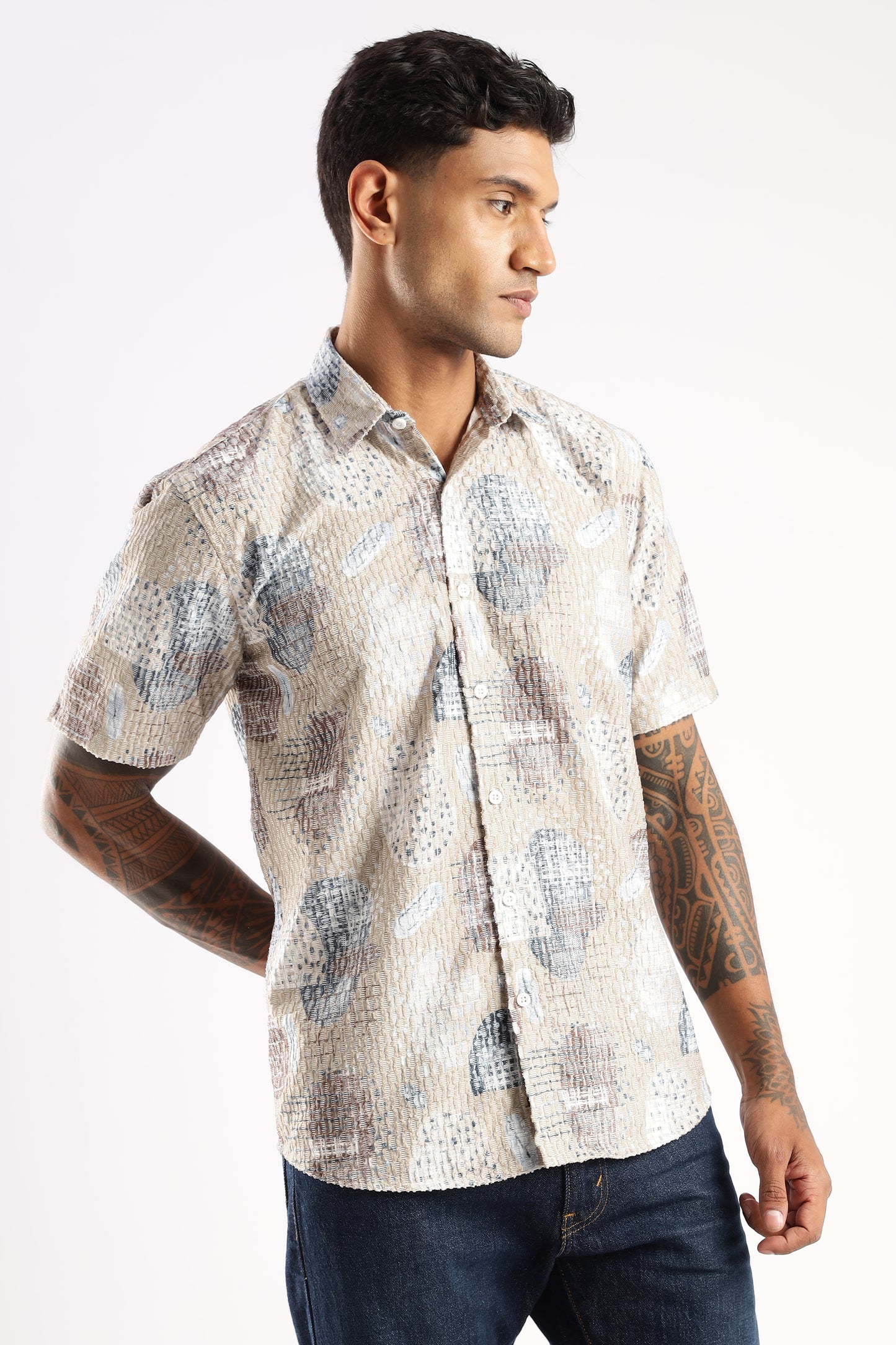 Men’s Seersucker-Texture Abstract Print Short-Sleeve Shirt – Sand & Sky