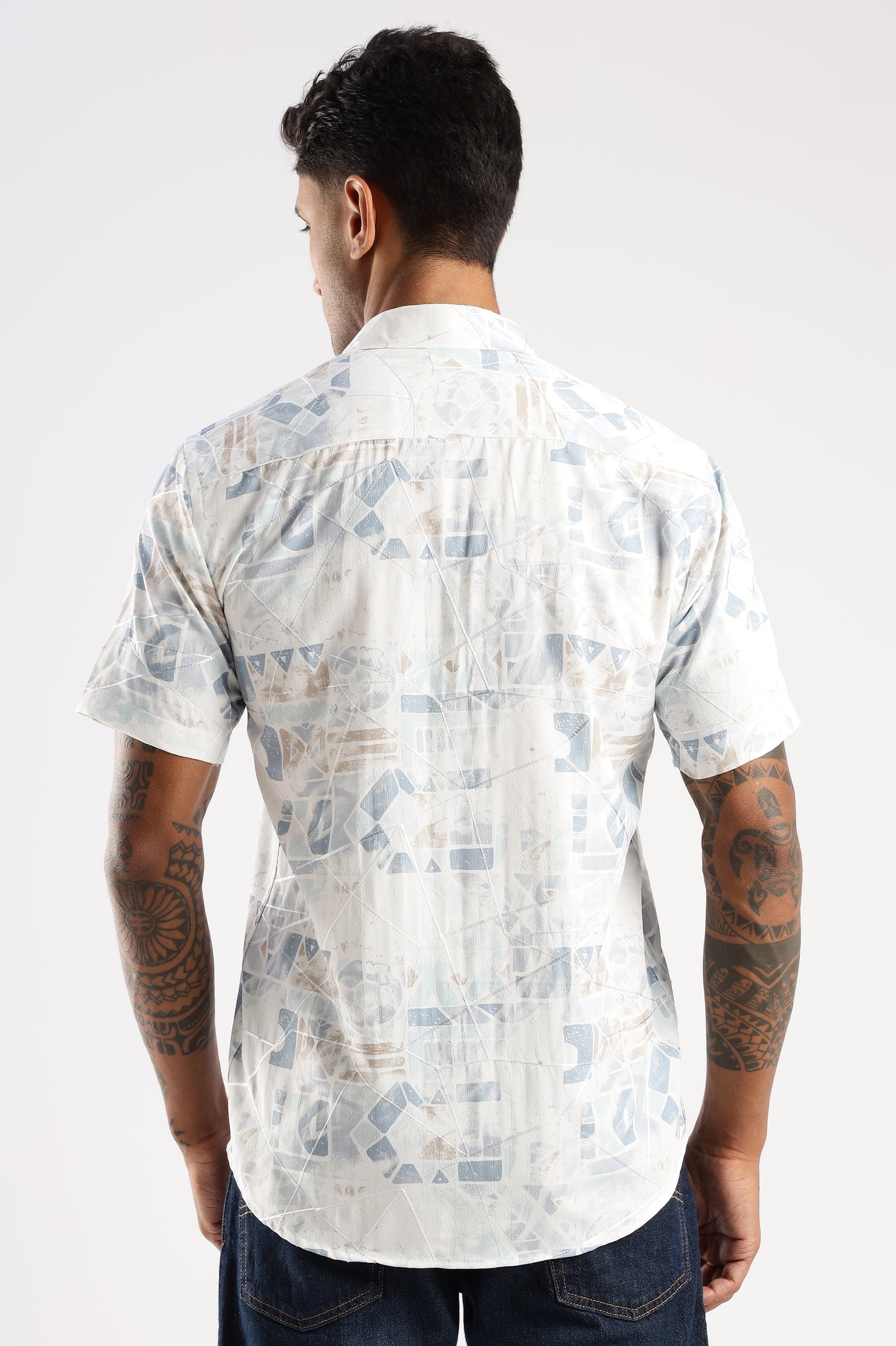 Men’s Pastel Geo Print Short-Sleeve Shirt – White & Ice Blue