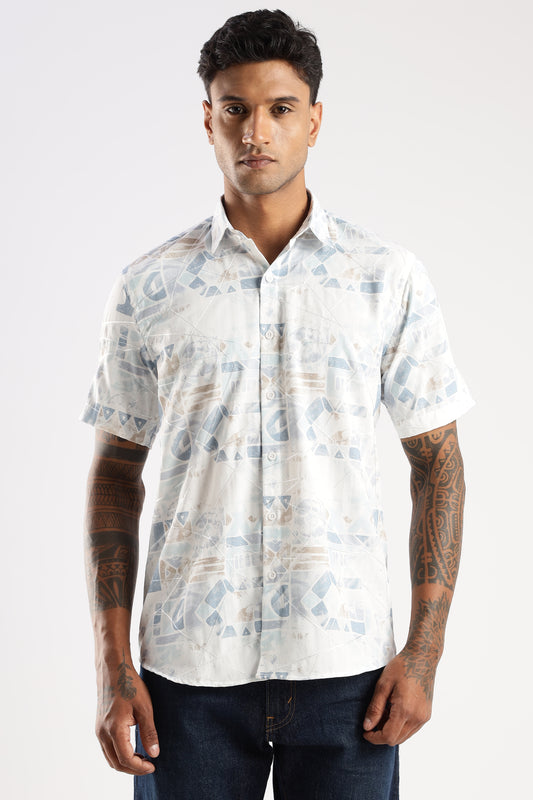 Men’s Pastel Geo Print Short-Sleeve Shirt – White & Ice Blue