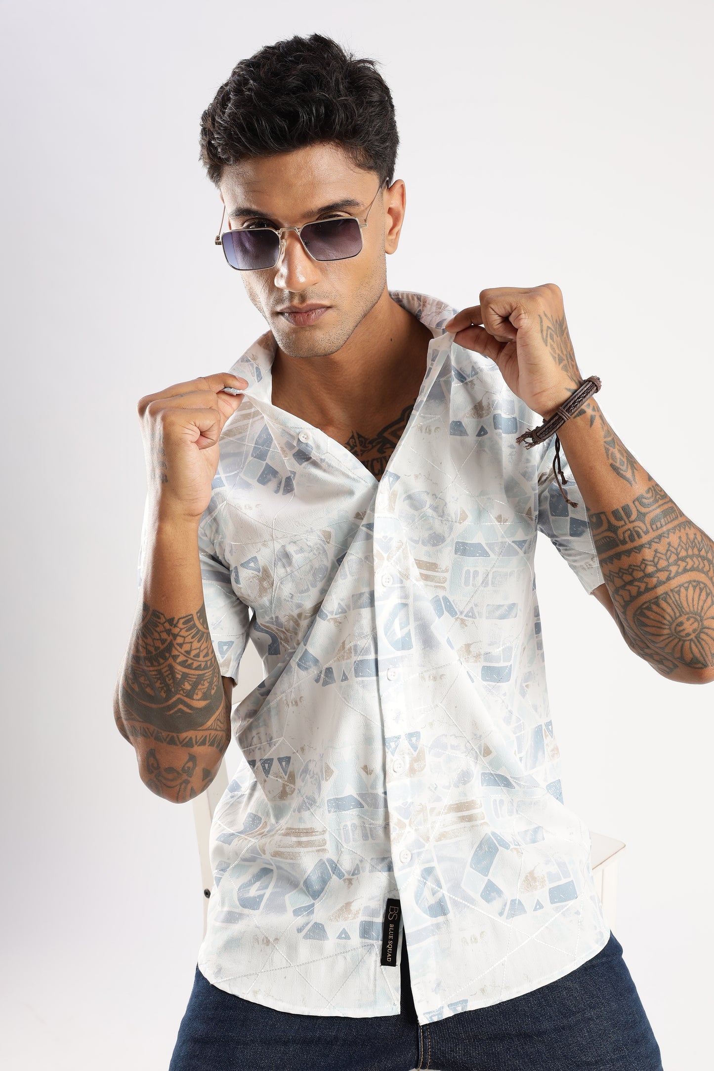 Men’s Pastel Geo Print Short-Sleeve Shirt – White & Ice Blue