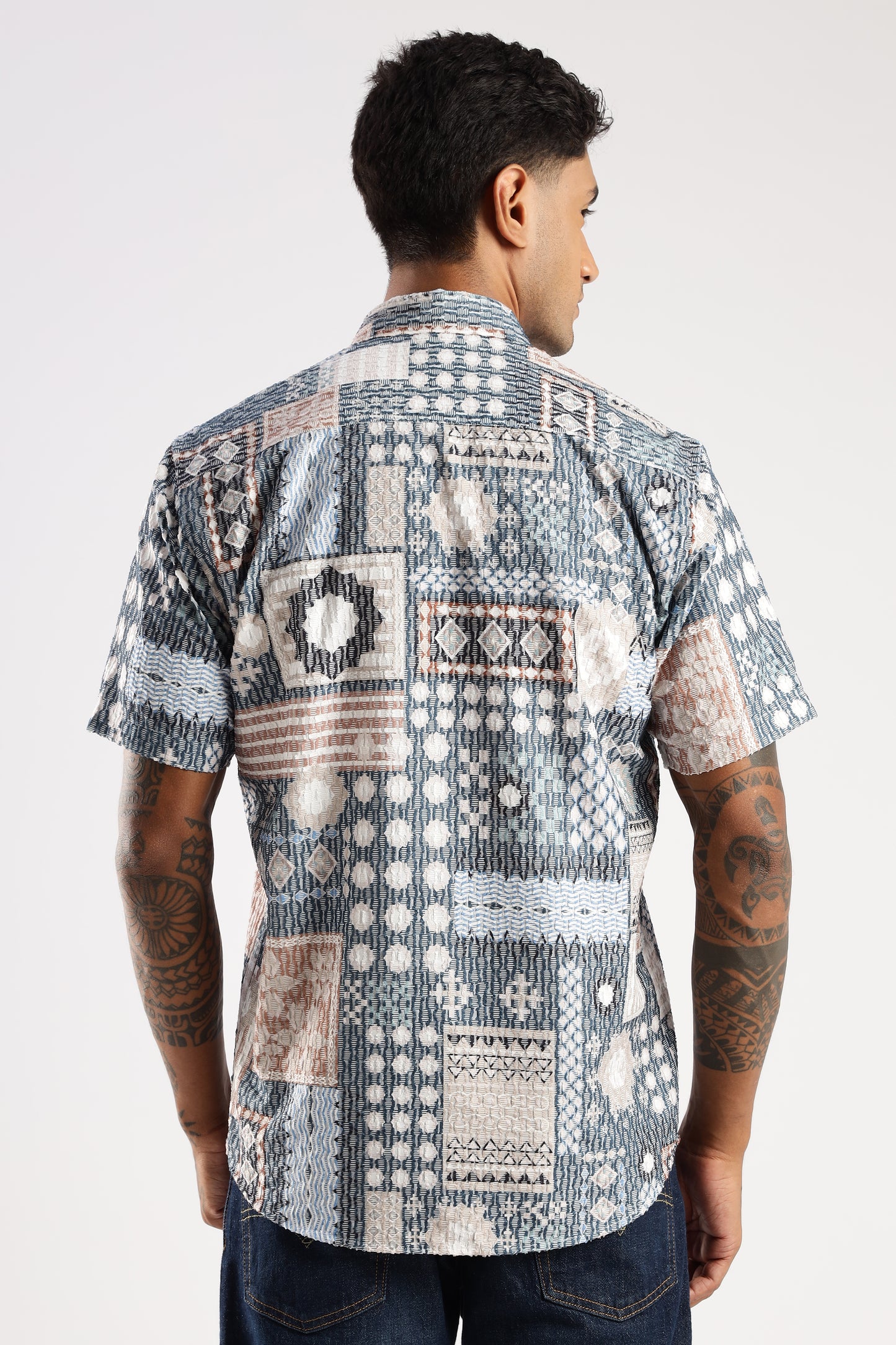 Men’s Patchwork Mosaic Print Short-Sleeve Shirt – Slate & Sand