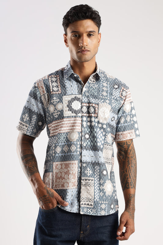 Men’s Patchwork Mosaic Print Short-Sleeve Shirt – Slate & Sand