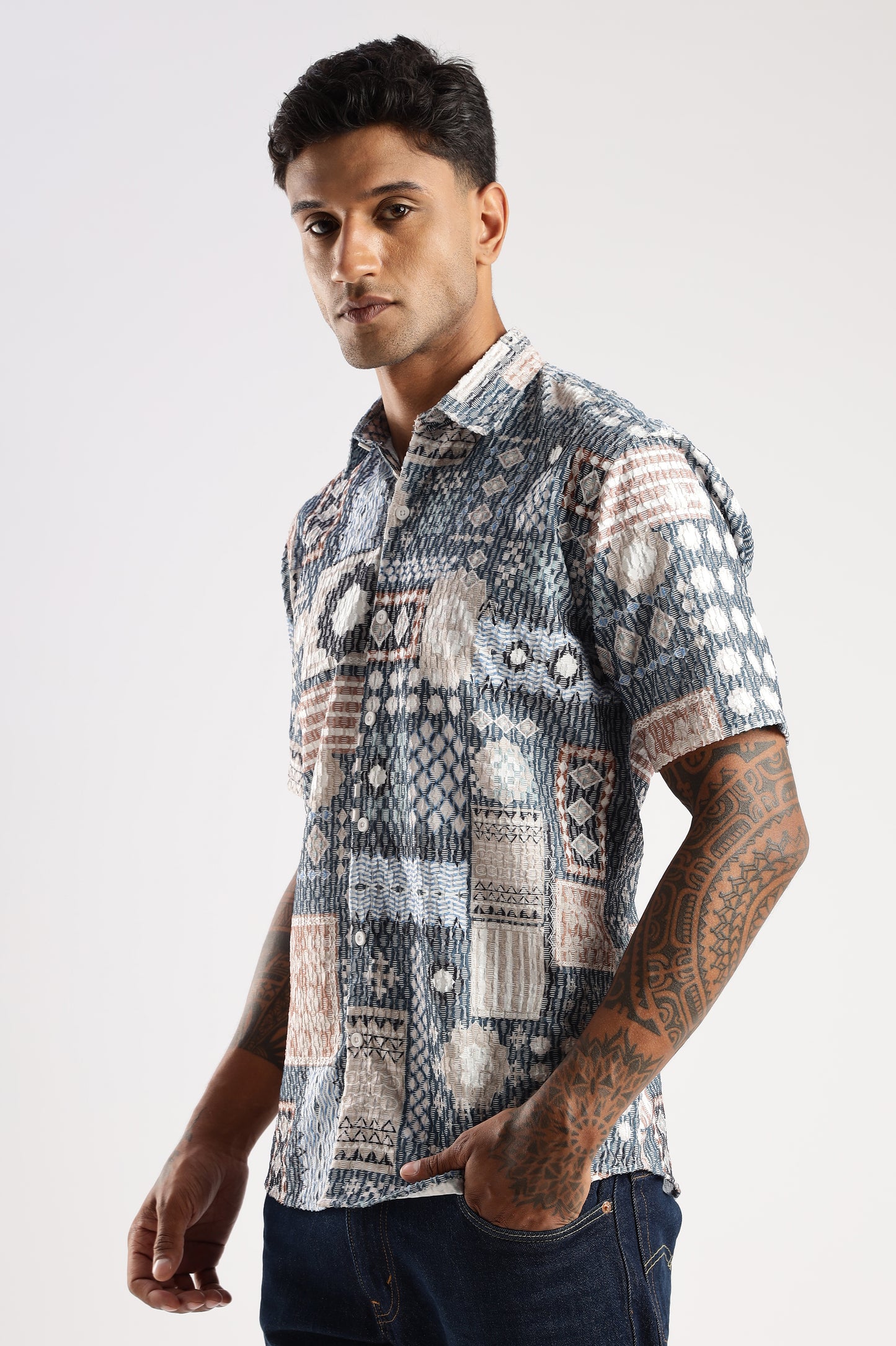 Men’s Patchwork Mosaic Print Short-Sleeve Shirt – Slate & Sand