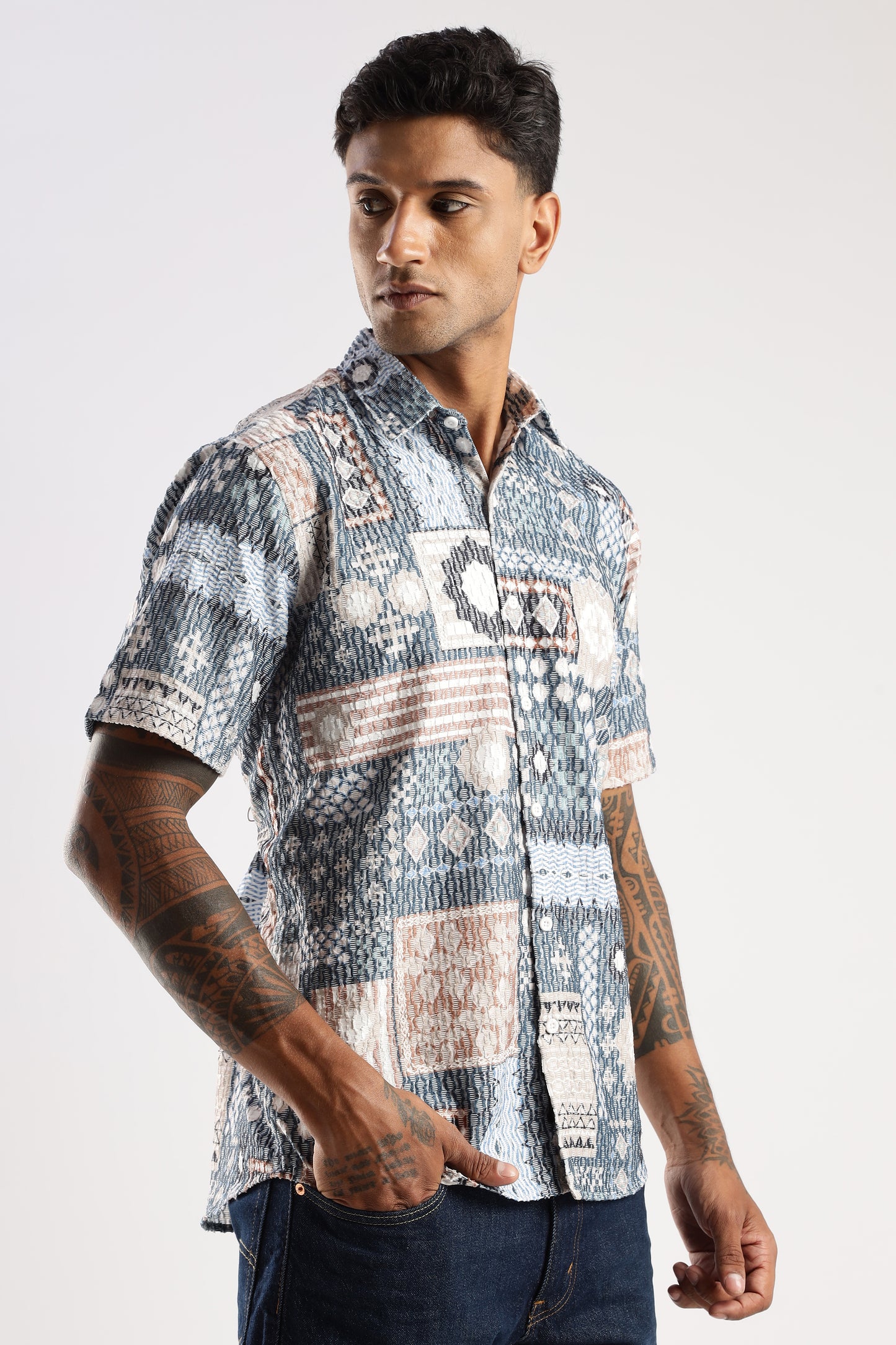 Men’s Patchwork Mosaic Print Short-Sleeve Shirt – Slate & Sand