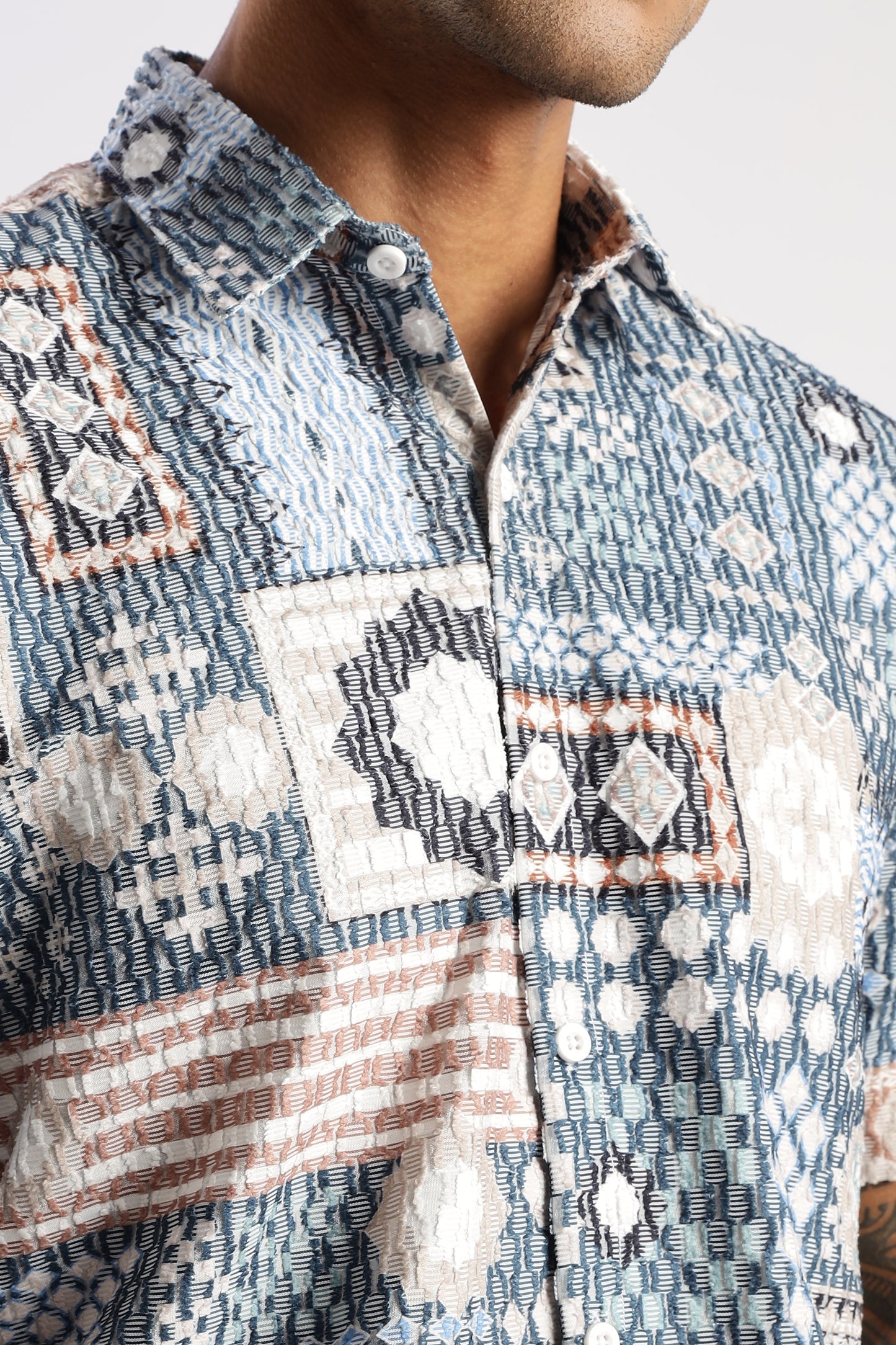 Men’s Patchwork Mosaic Print Short-Sleeve Shirt – Slate & Sand