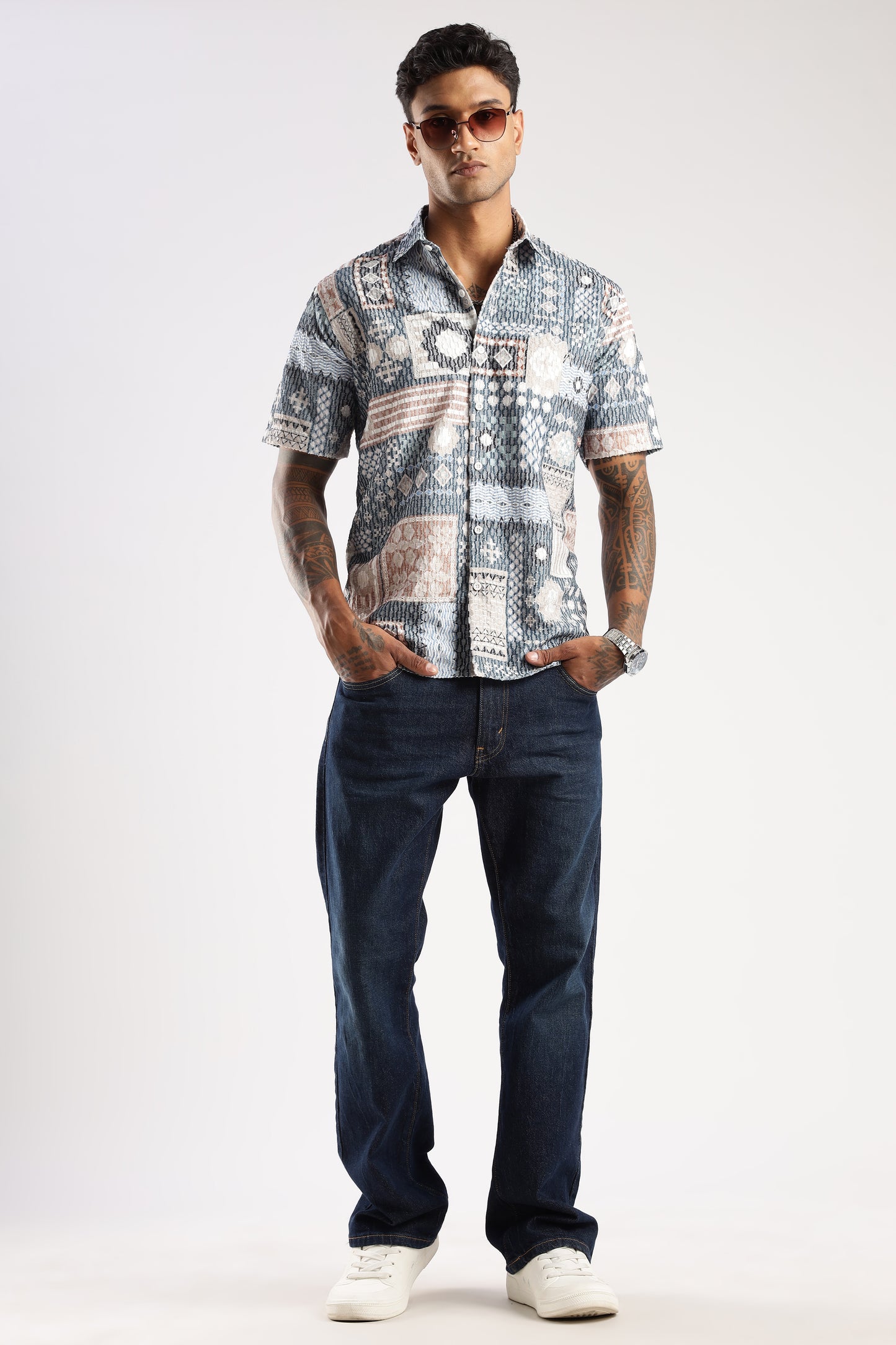 Men’s Patchwork Mosaic Print Short-Sleeve Shirt – Slate & Sand