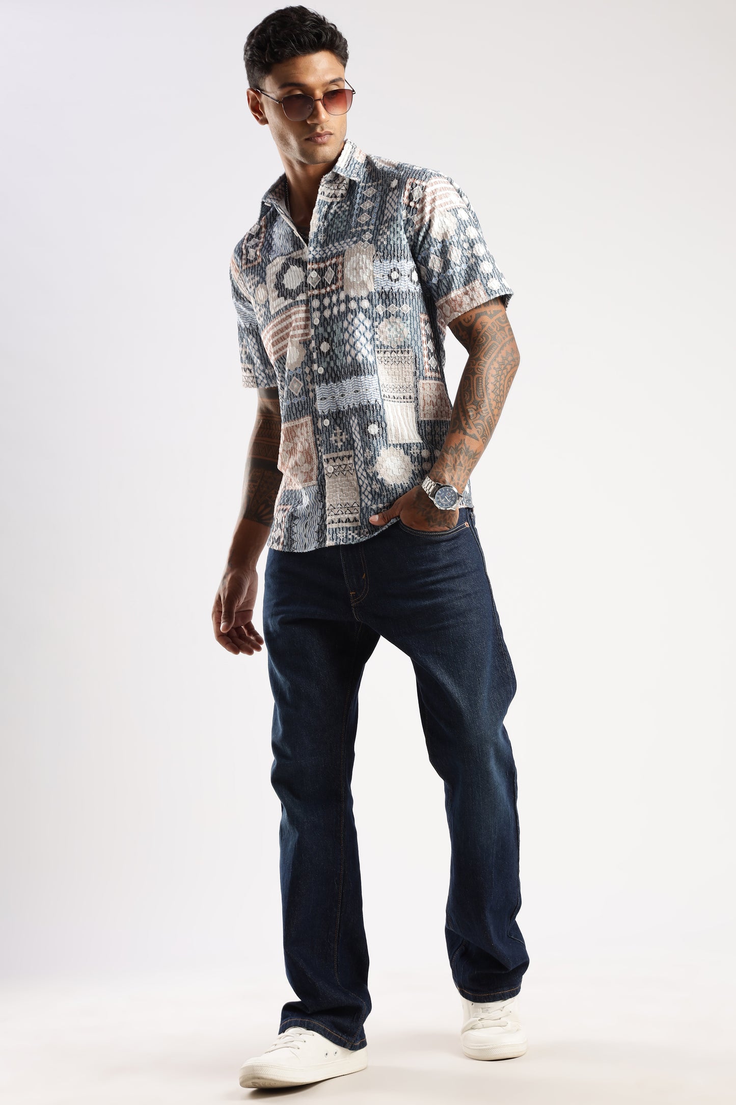 Men’s Patchwork Mosaic Print Short-Sleeve Shirt – Slate & Sand