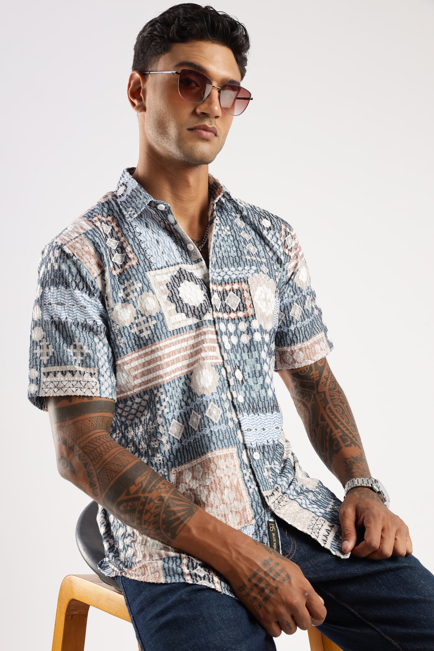 Men’s Patchwork Mosaic Print Short-Sleeve Shirt – Slate & Sand