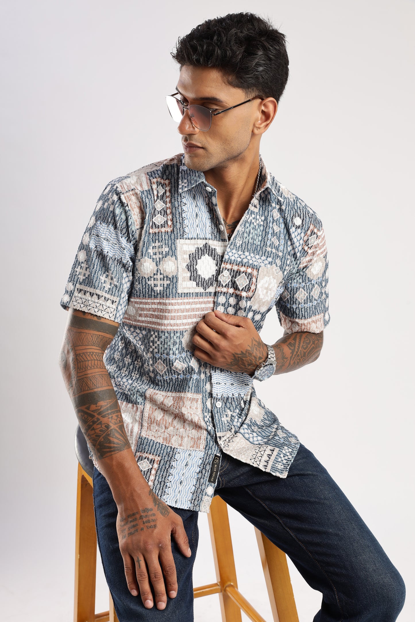 Men’s Patchwork Mosaic Print Short-Sleeve Shirt – Slate & Sand