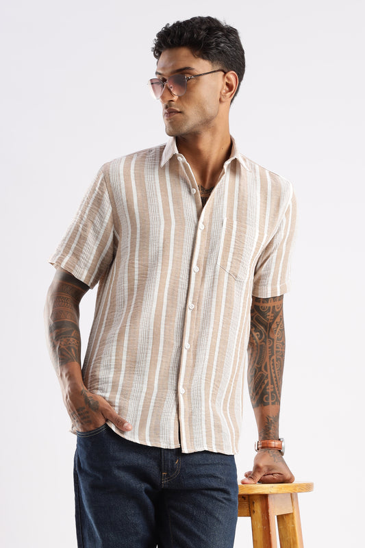 Men’s Linen-Look Vertical Stripe Short-Sleeve Shirt – Sand & White