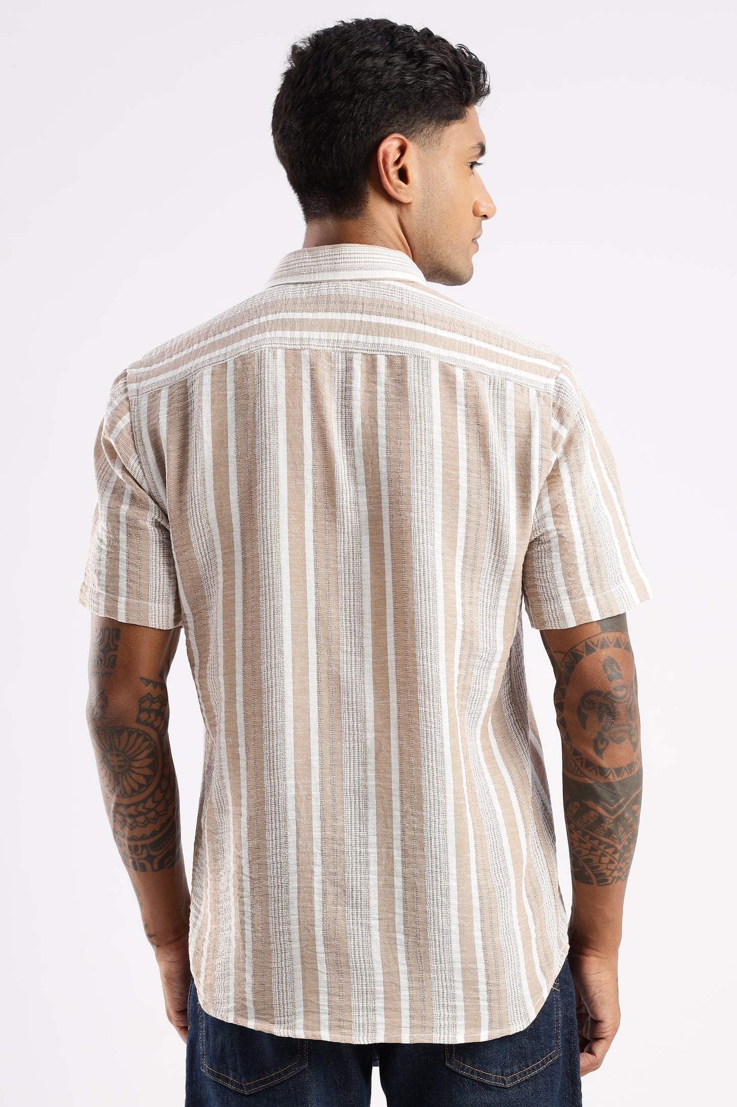 Men’s Linen-Look Vertical Stripe Short-Sleeve Shirt – Sand & White