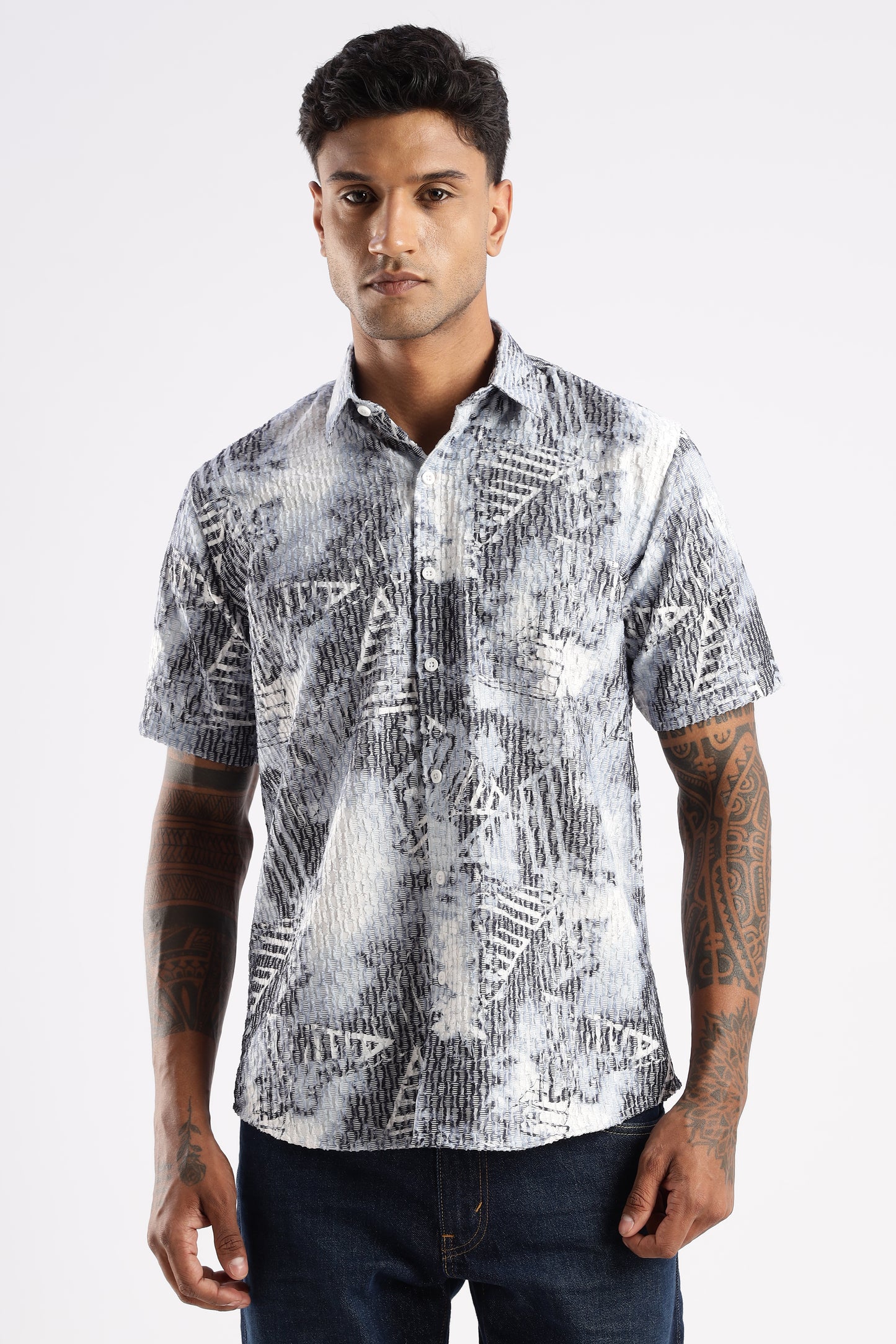 Men’s Monochrome Geo Brush Short-Sleeve Shirt – Charcoal/Grey