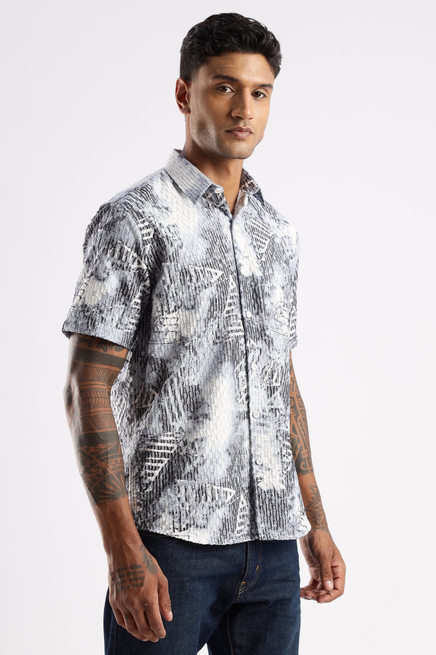 Men’s Monochrome Geo Brush Short-Sleeve Shirt – Charcoal/Grey