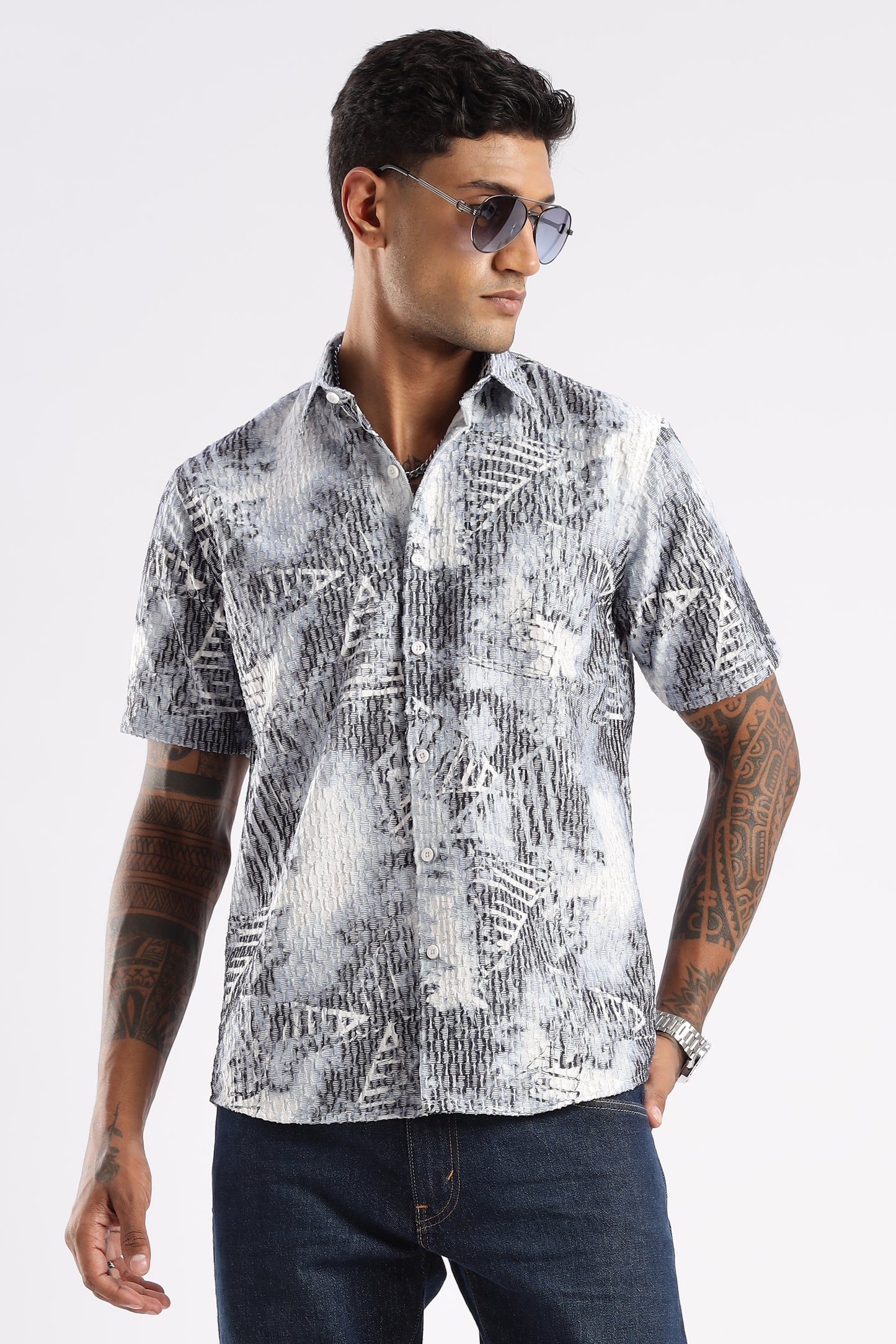 Men’s Monochrome Geo Brush Short-Sleeve Shirt – Charcoal/Grey