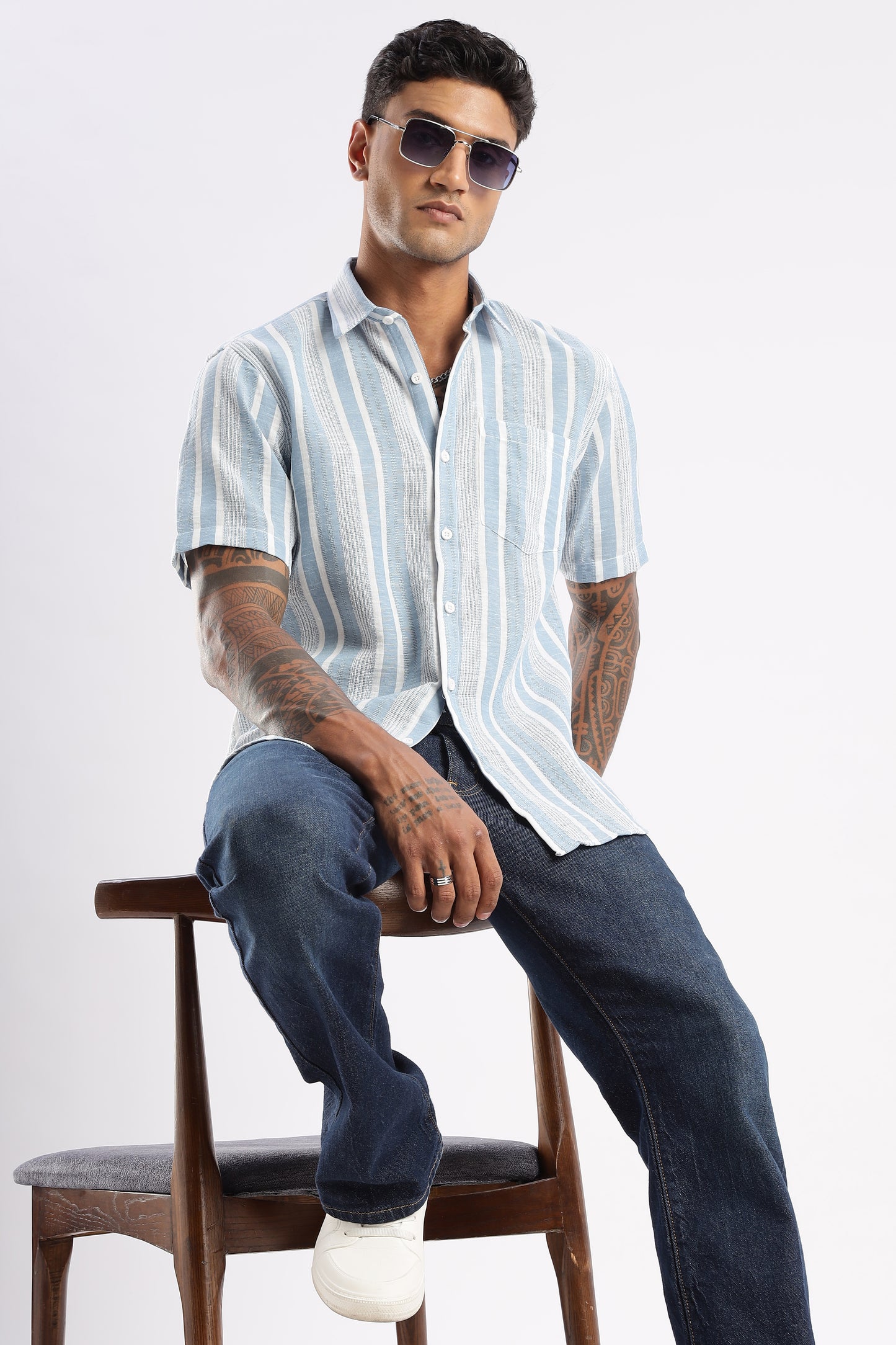 Men’s Linen-Look Vertical Stripe Short-Sleeve Shirt – Sky & White