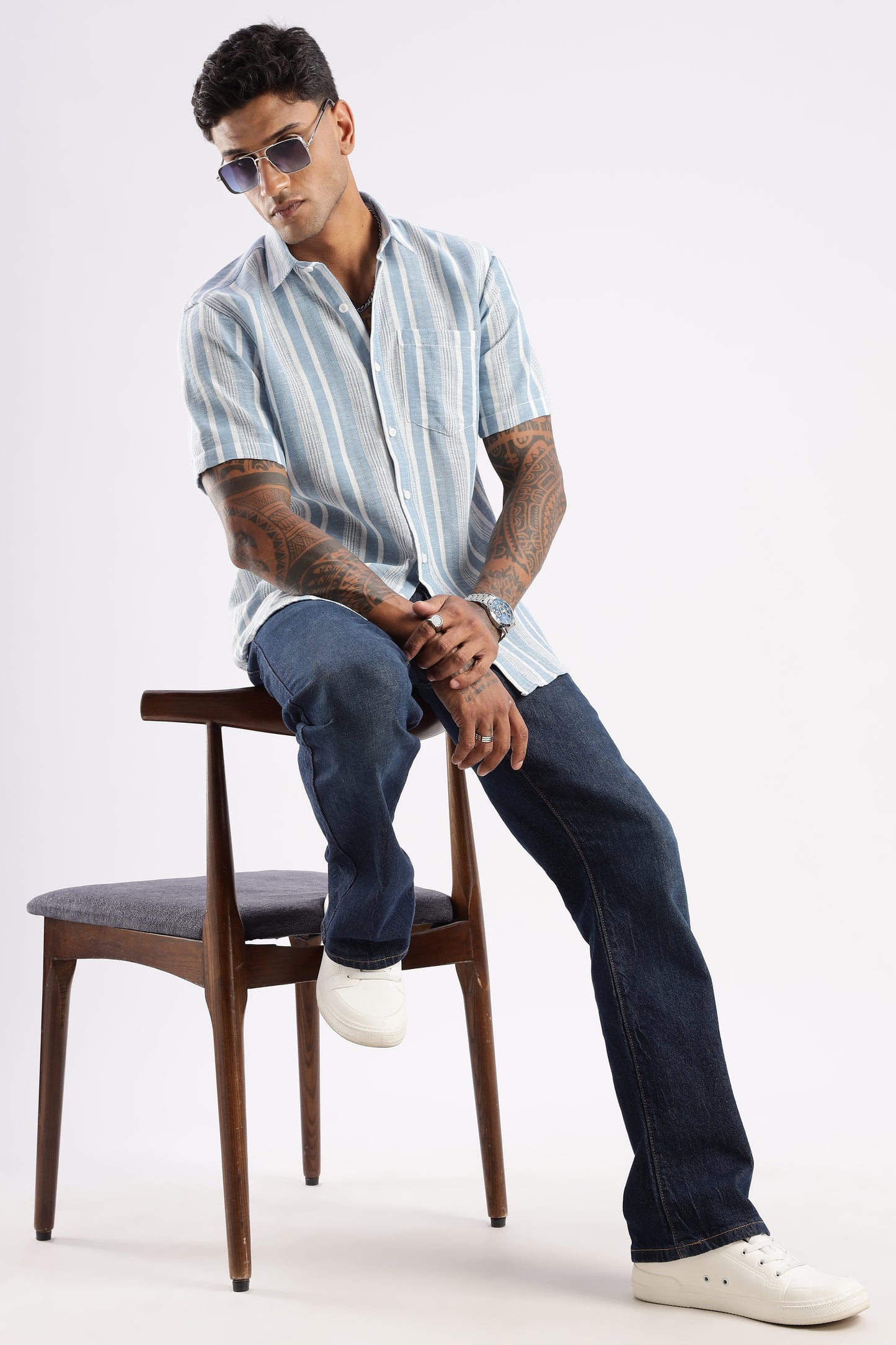 Men’s Linen-Look Vertical Stripe Short-Sleeve Shirt – Sky & White