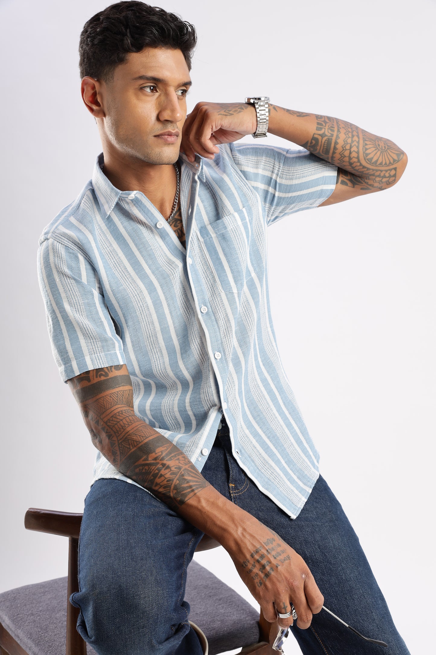 Men’s Linen-Look Vertical Stripe Short-Sleeve Shirt – Sky & White