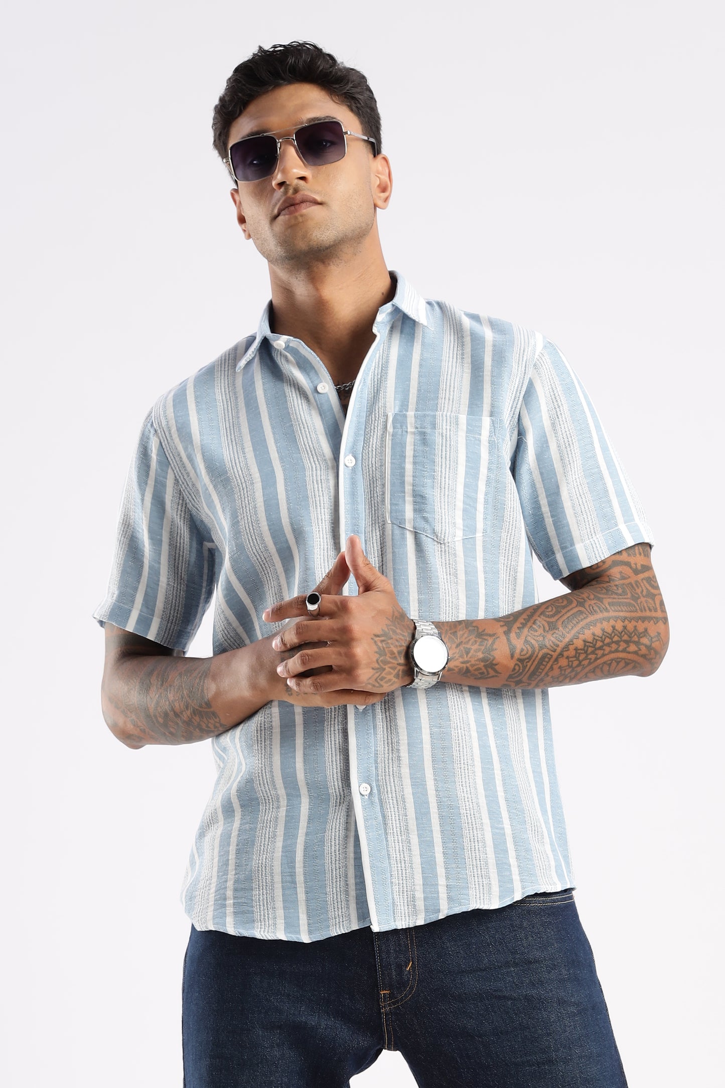 Men’s Linen-Look Vertical Stripe Short-Sleeve Shirt – Sky & White