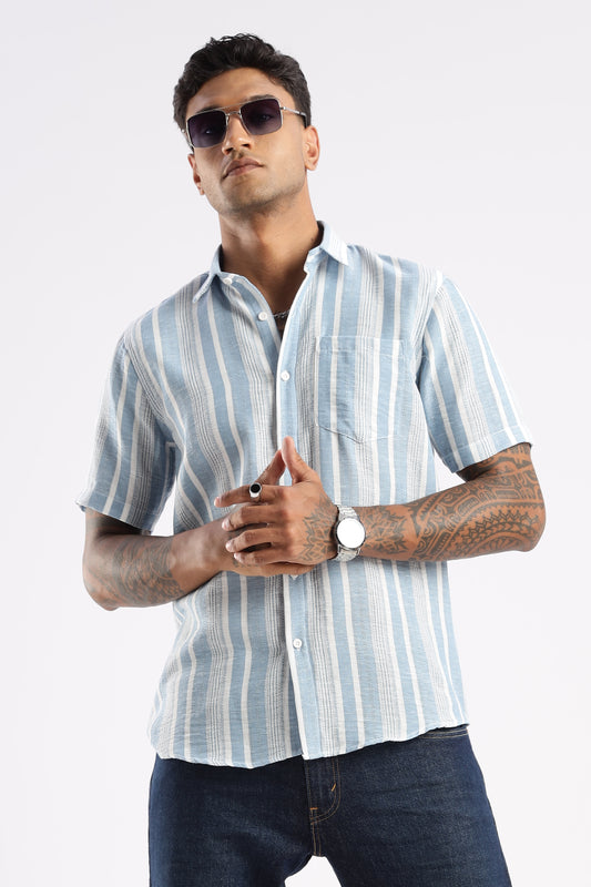 Men’s Linen-Look Vertical Stripe Short-Sleeve Shirt – Sky & White