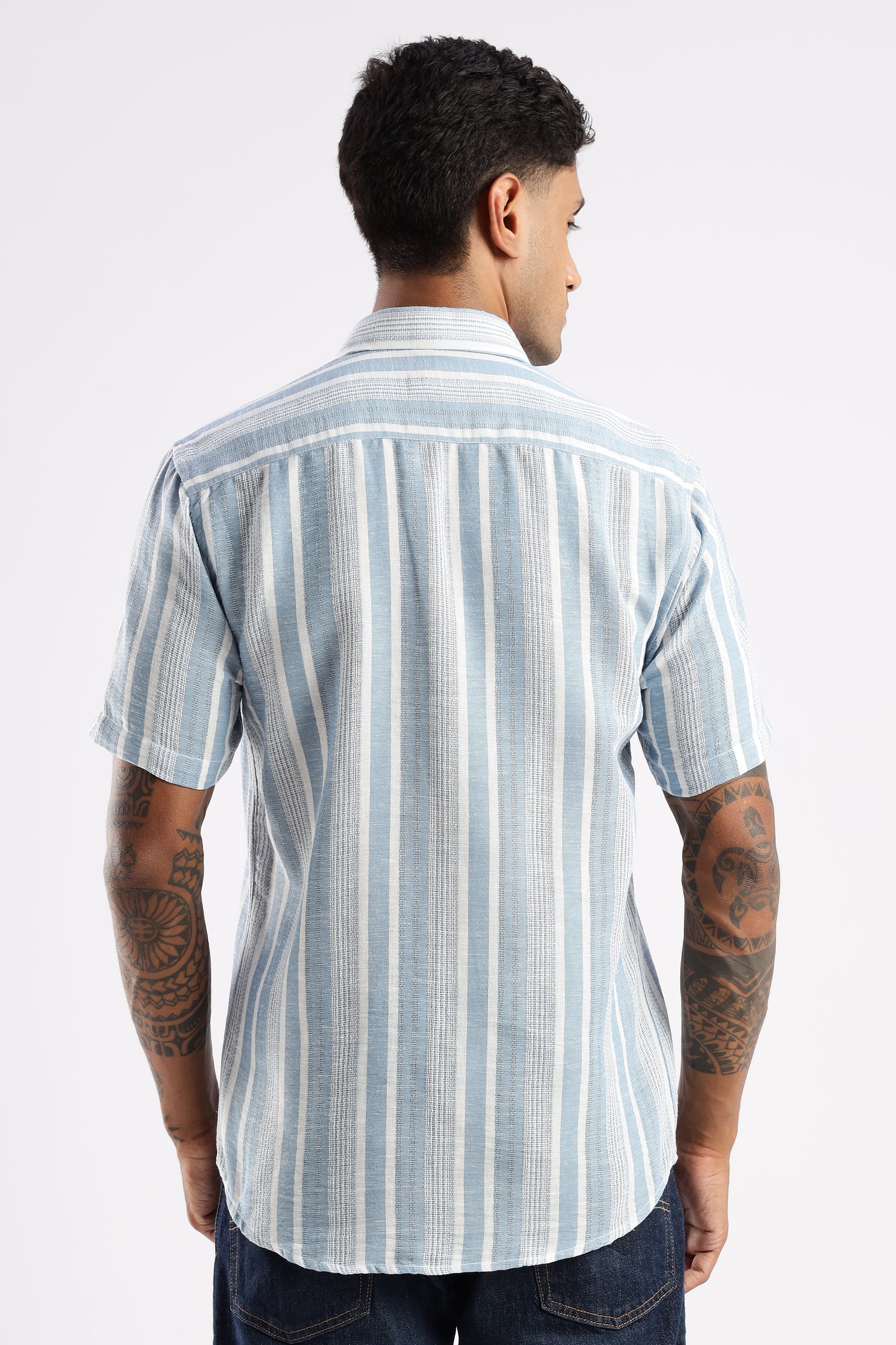 Men’s Linen-Look Vertical Stripe Short-Sleeve Shirt – Sky & White