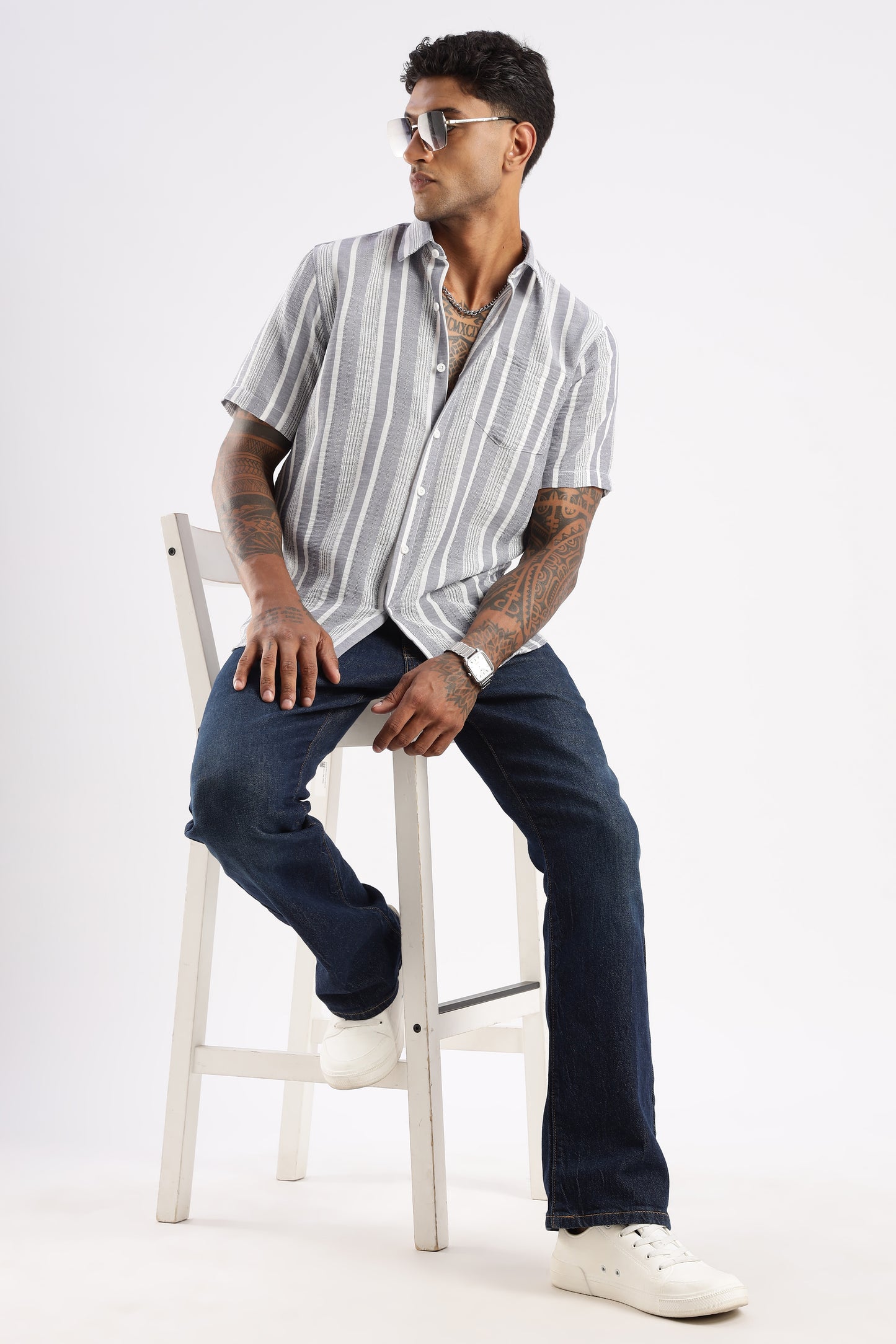 Men’s Linen-Look Vertical Stripe Short-Sleeve Shirt – Ash Grey & White