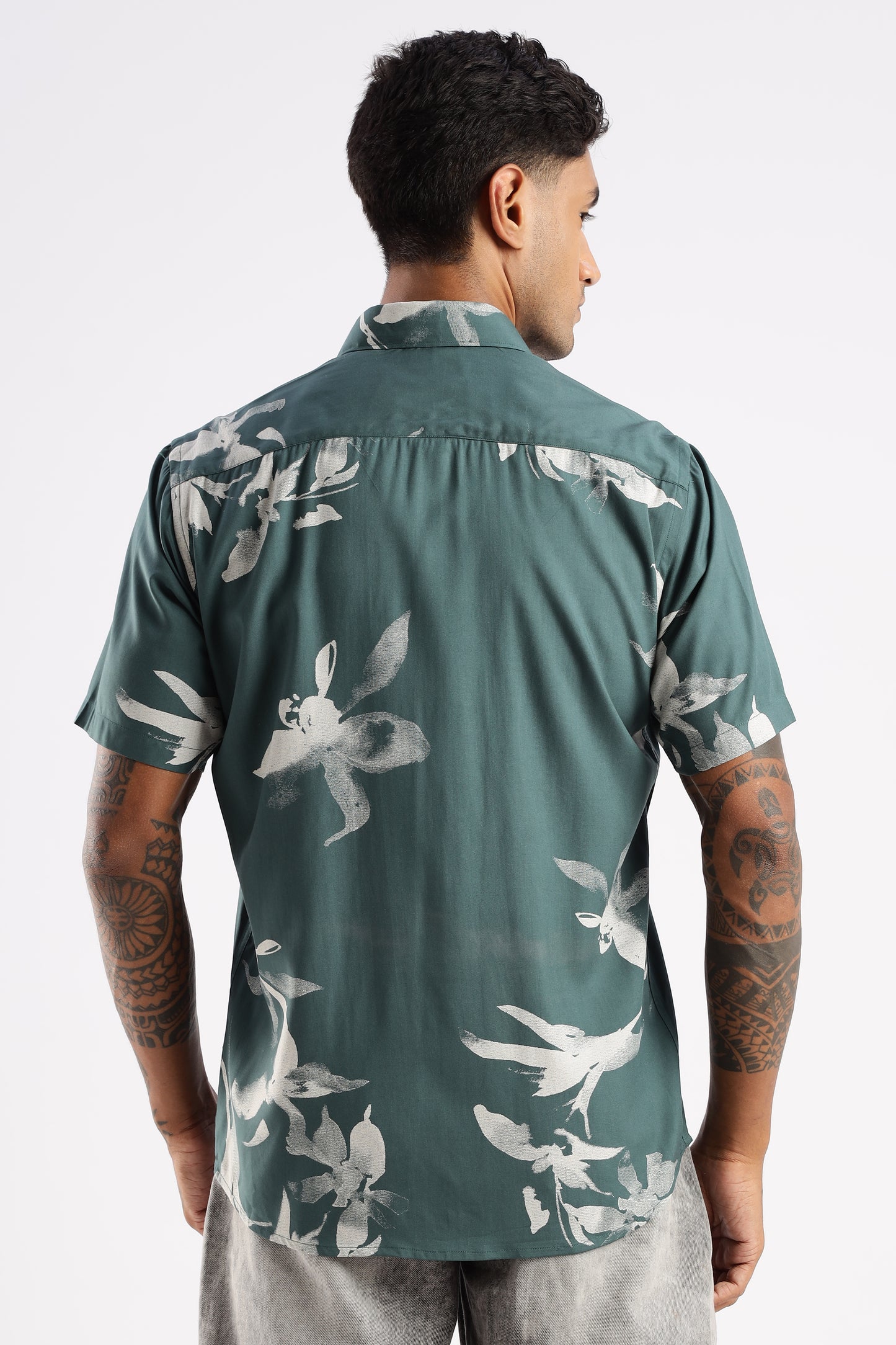 Men’s Shadow Floral Print Short-Sleeve Shirt – Teal/Stone