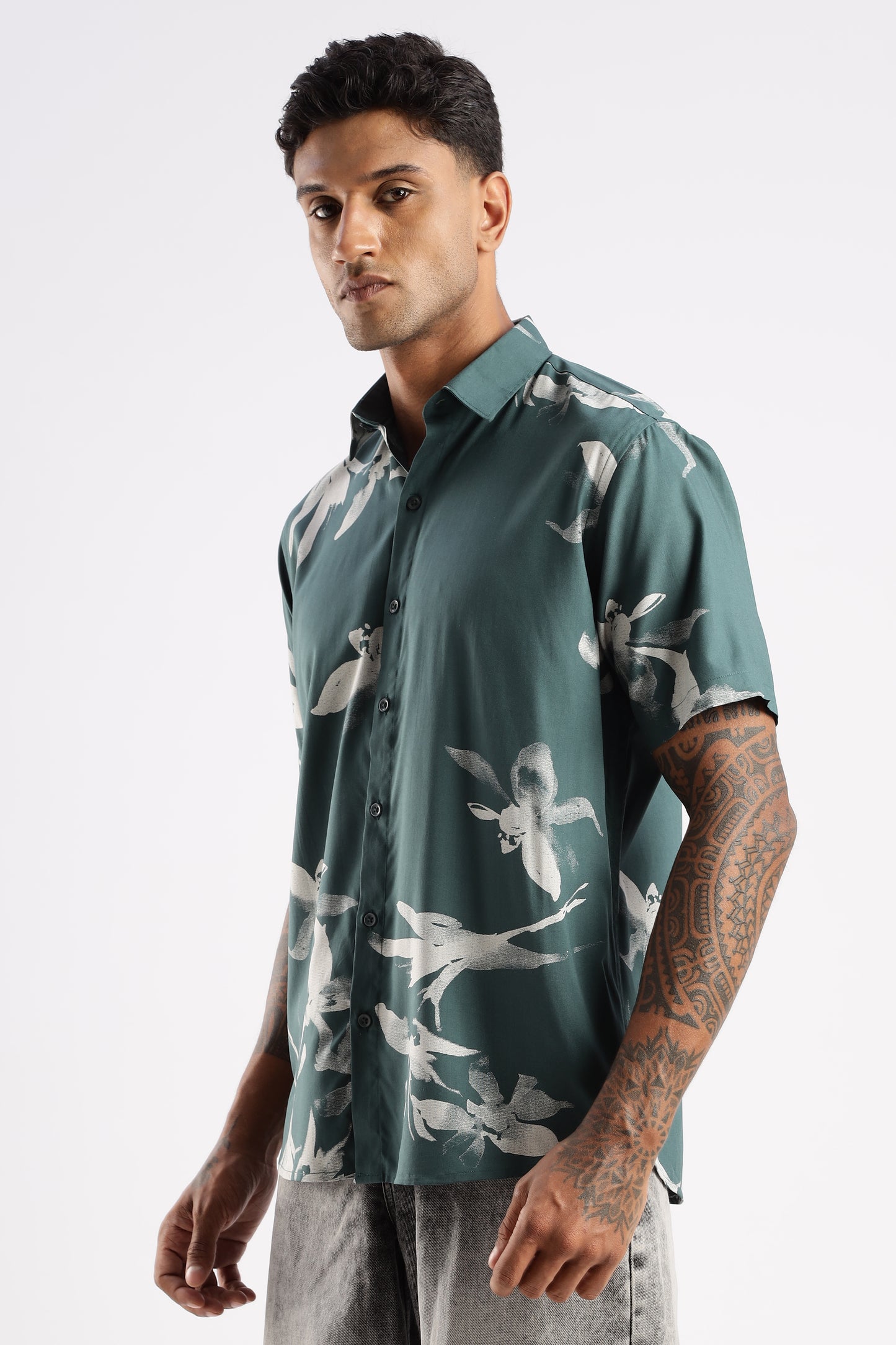Men’s Shadow Floral Print Short-Sleeve Shirt – Teal/Stone