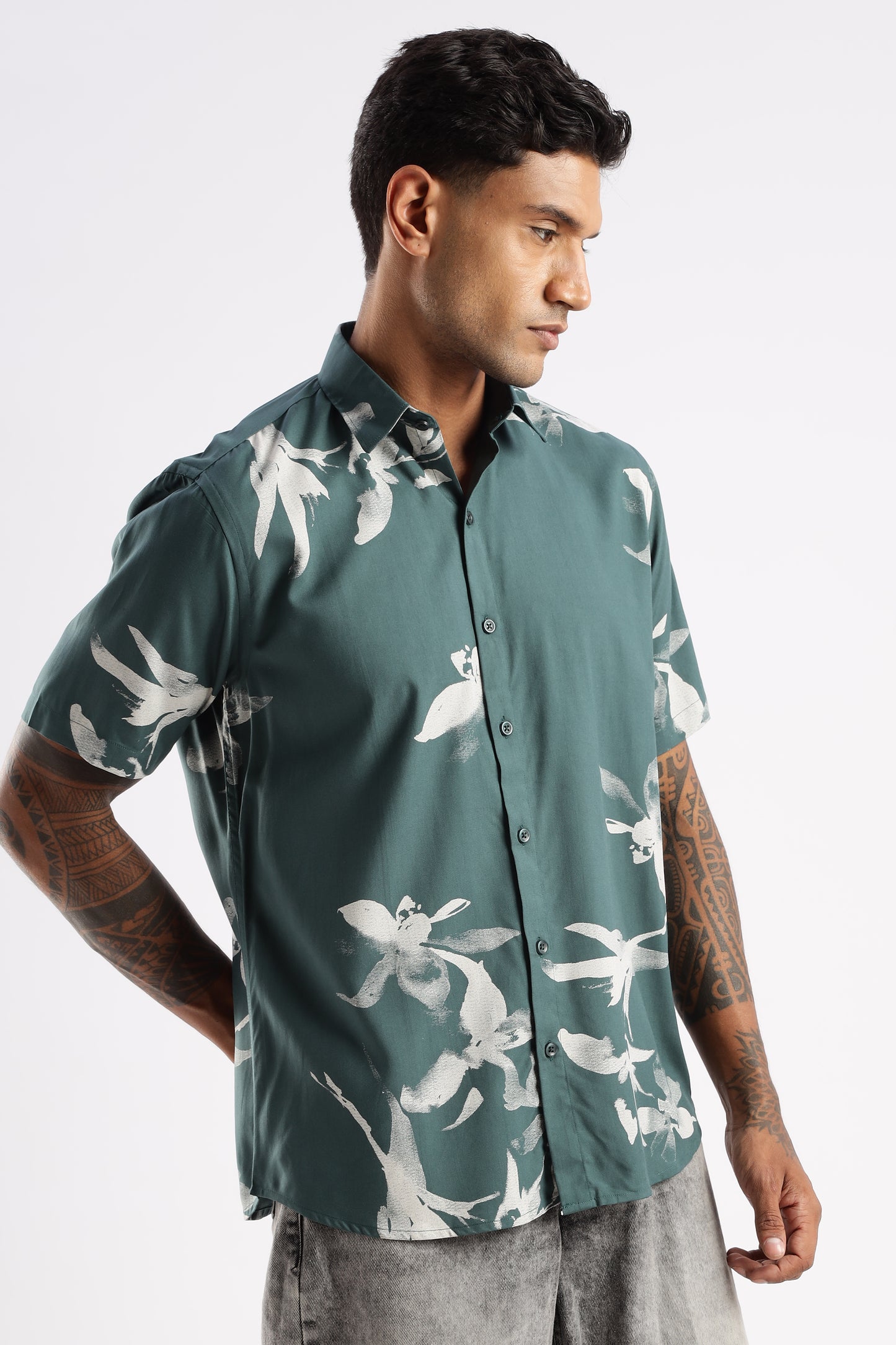 Men’s Shadow Floral Print Short-Sleeve Shirt – Teal/Stone