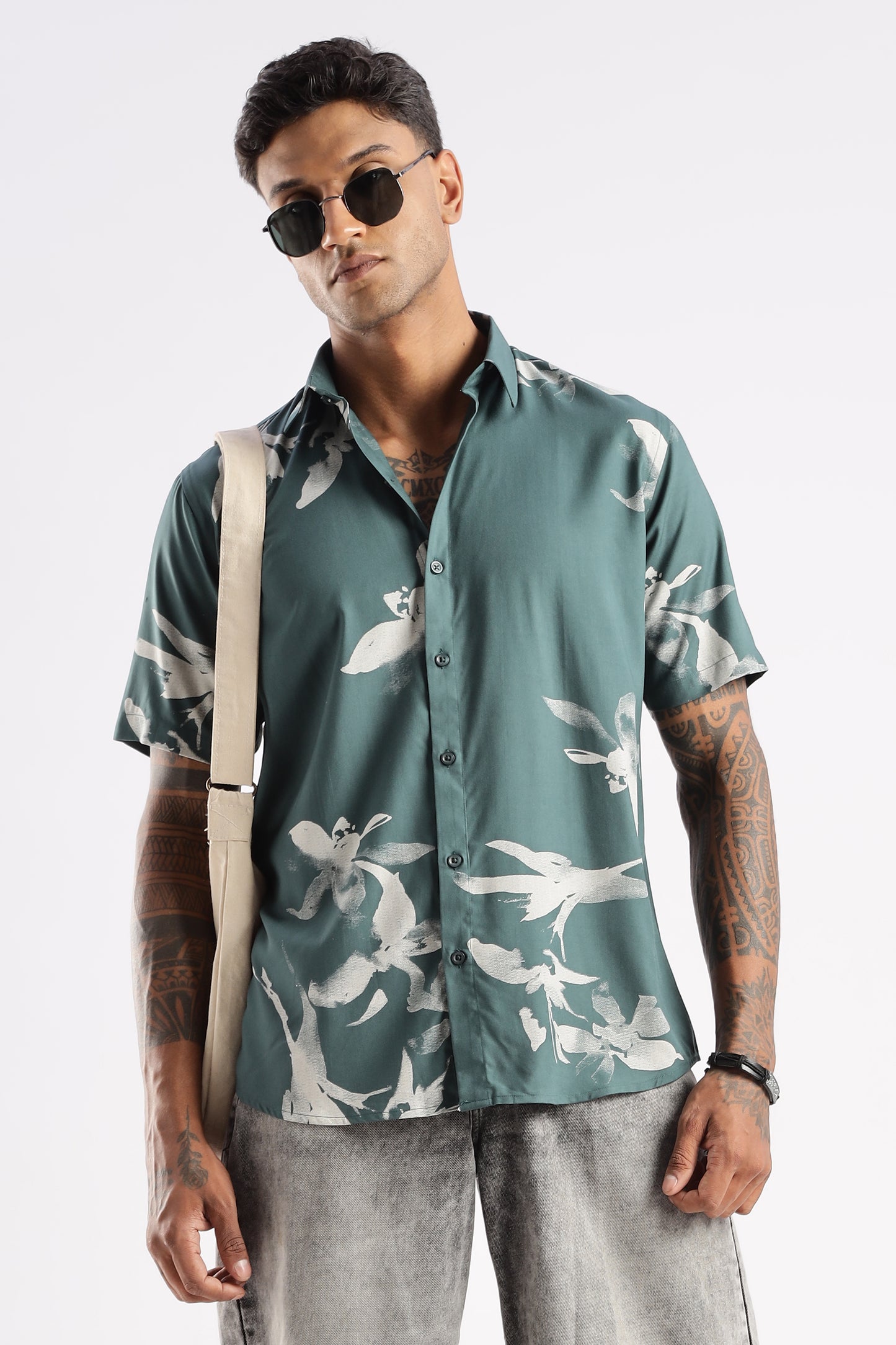 Men’s Shadow Floral Print Short-Sleeve Shirt – Teal/Stone