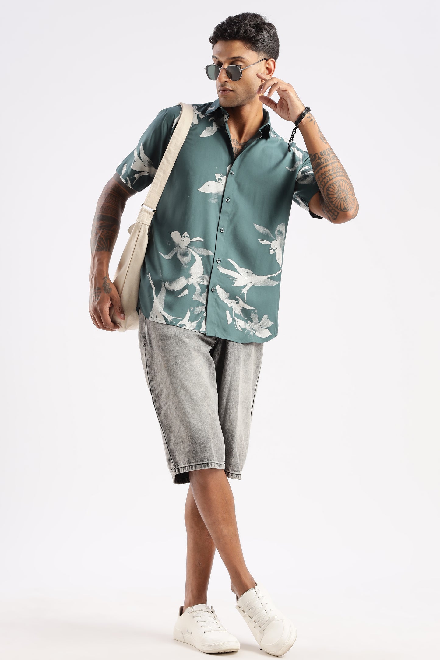 Men’s Shadow Floral Print Short-Sleeve Shirt – Teal/Stone