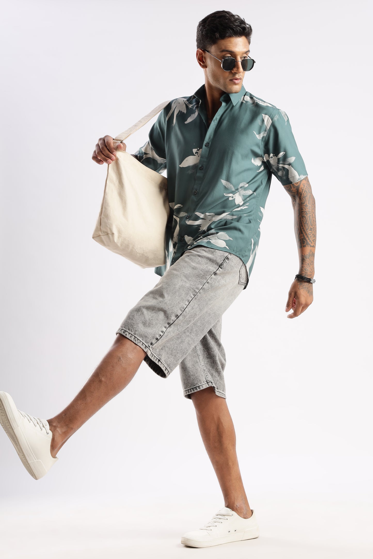 Men’s Shadow Floral Print Short-Sleeve Shirt – Teal/Stone