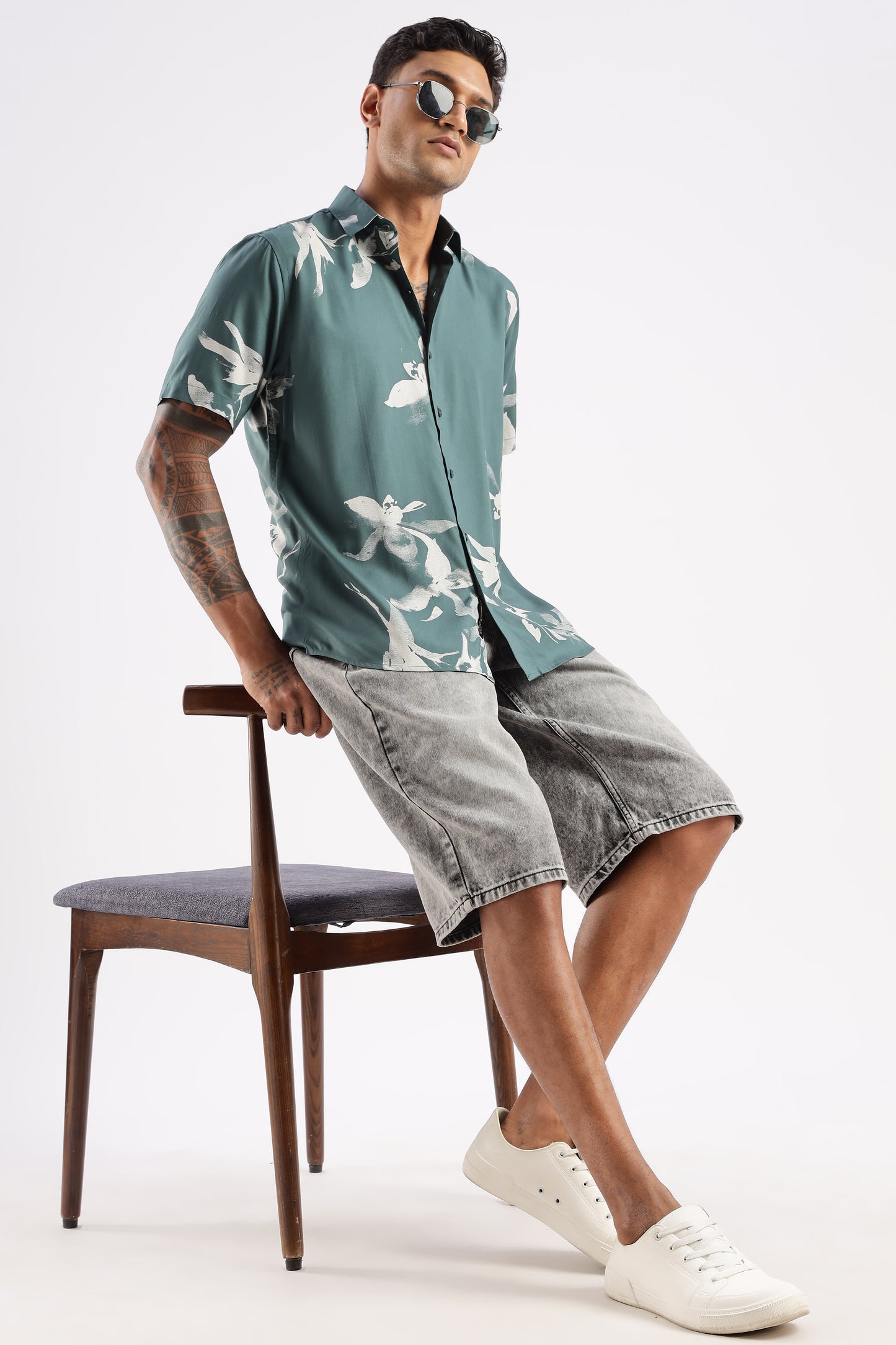 Men’s Shadow Floral Print Short-Sleeve Shirt – Teal/Stone