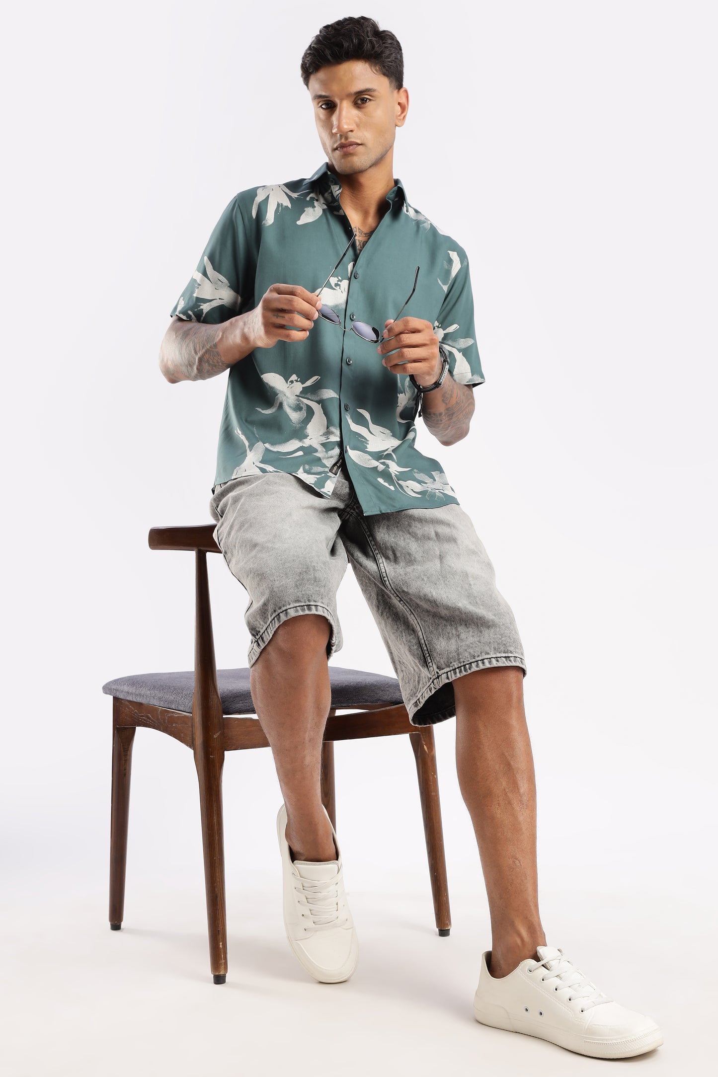 Men’s Shadow Floral Print Short-Sleeve Shirt – Teal/Stone