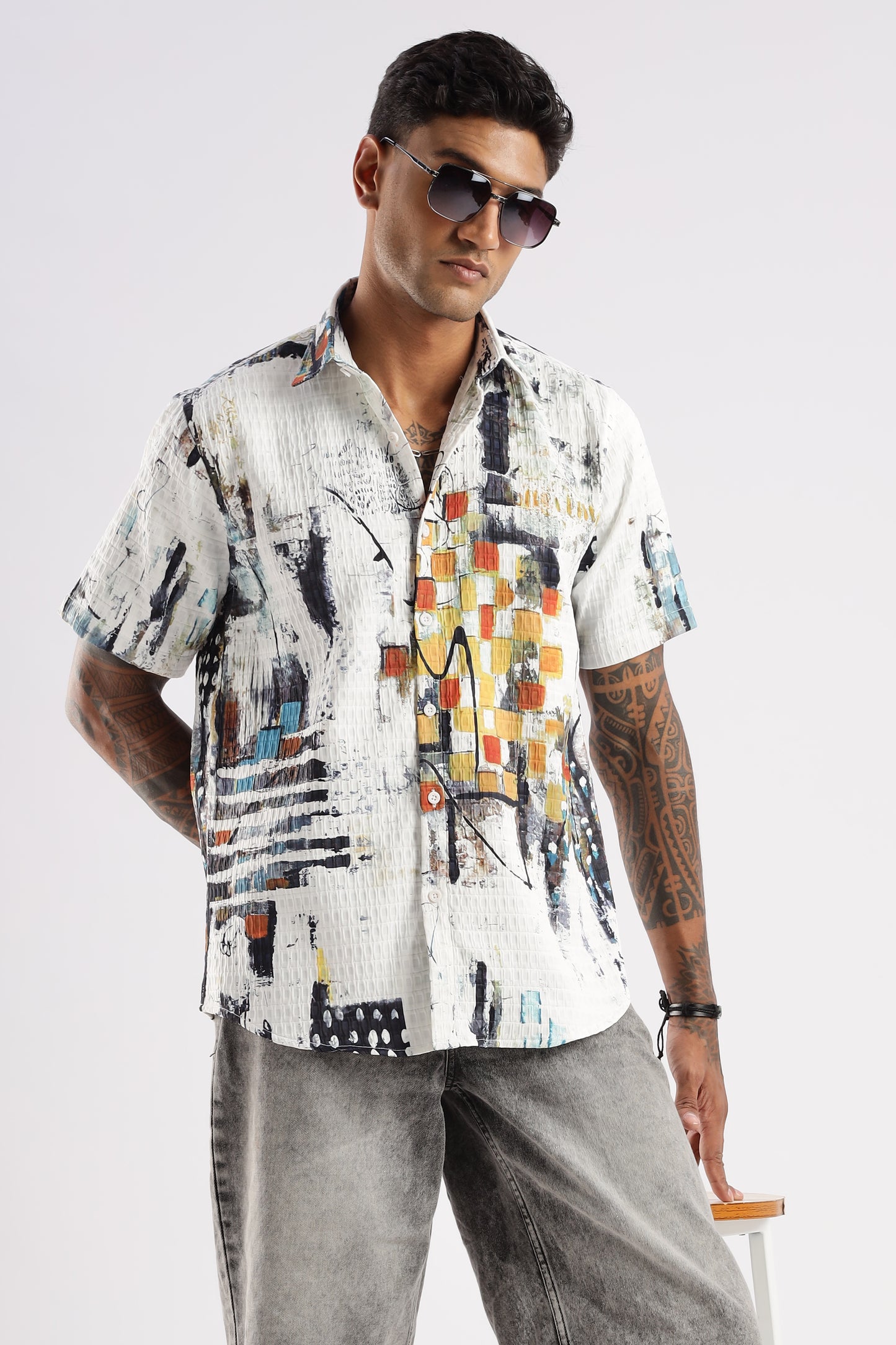 Men’s Painterly Checker Print Short-Sleeve Shirt – White Multi