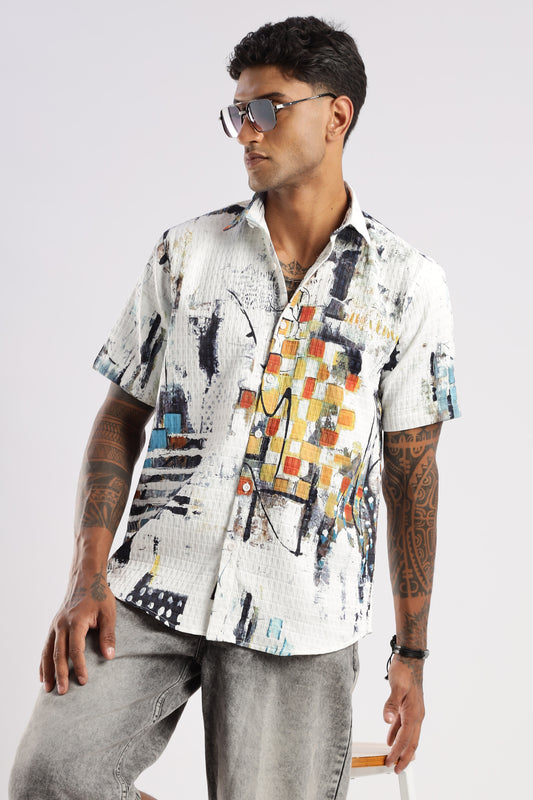 Men’s Painterly Checker Print Short-Sleeve Shirt – White Multi