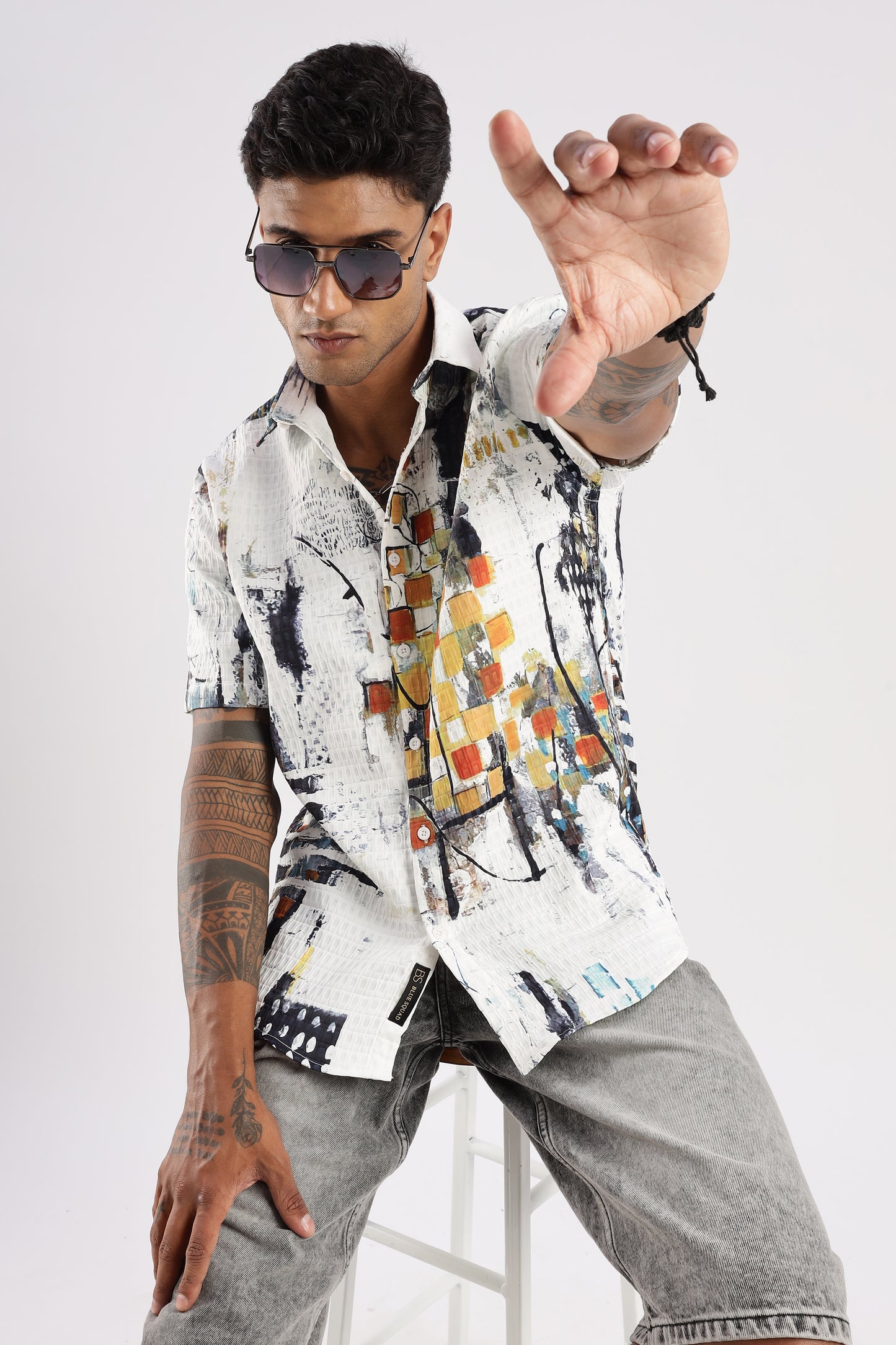 Men’s Painterly Checker Print Short-Sleeve Shirt – White Multi