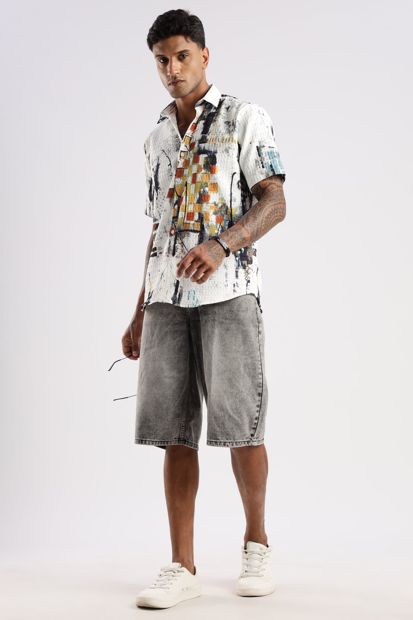 Men’s Painterly Checker Print Short-Sleeve Shirt – White Multi
