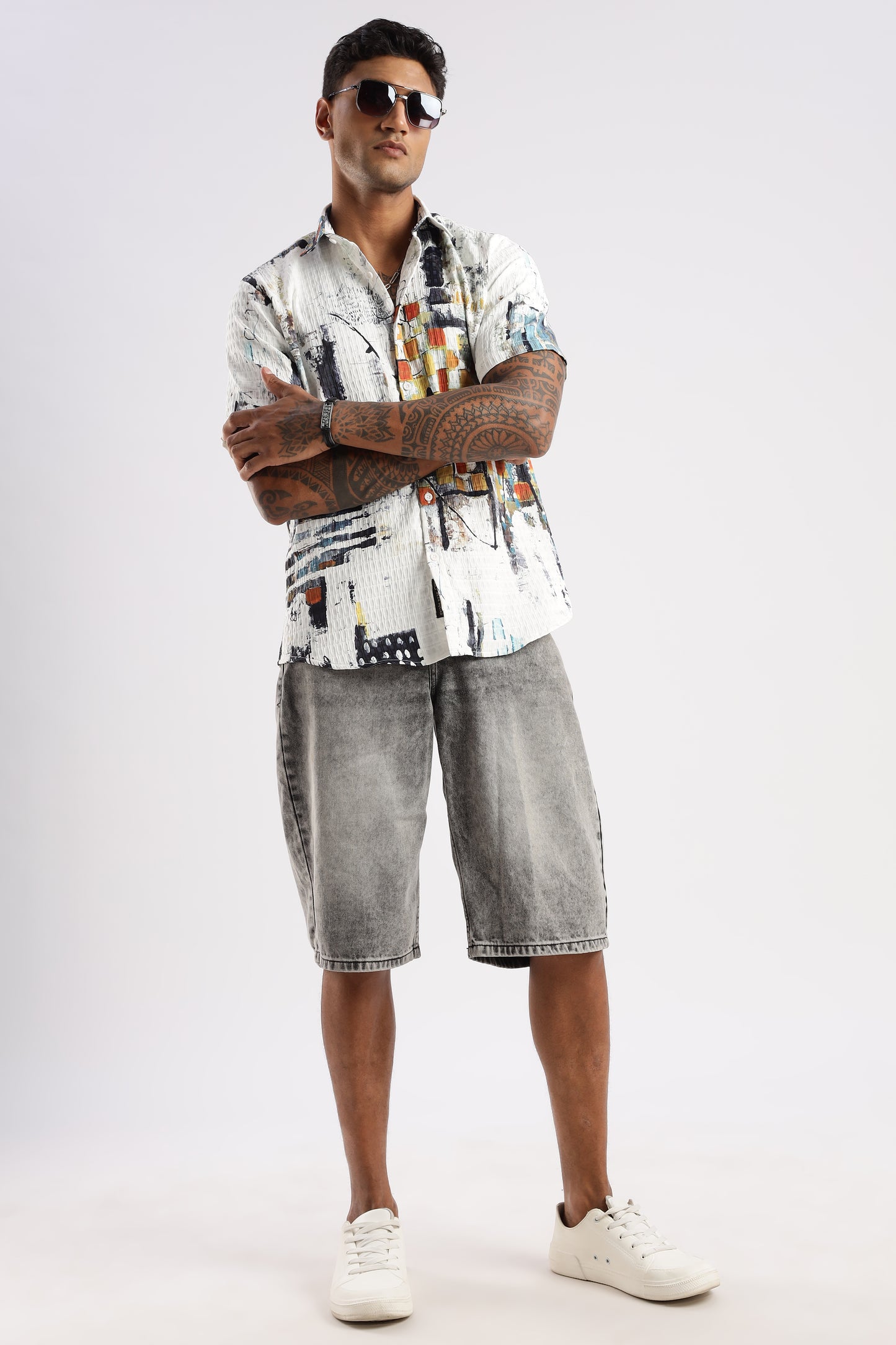 Men’s Painterly Checker Print Short-Sleeve Shirt – White Multi