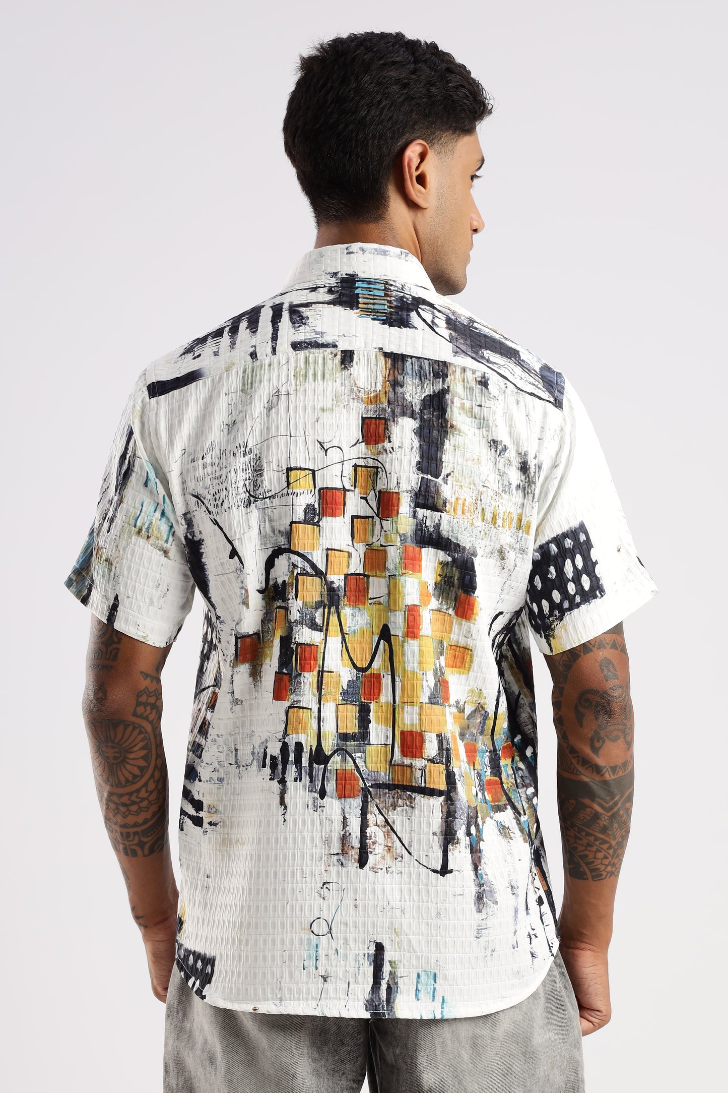 Men’s Painterly Checker Print Short-Sleeve Shirt – White Multi