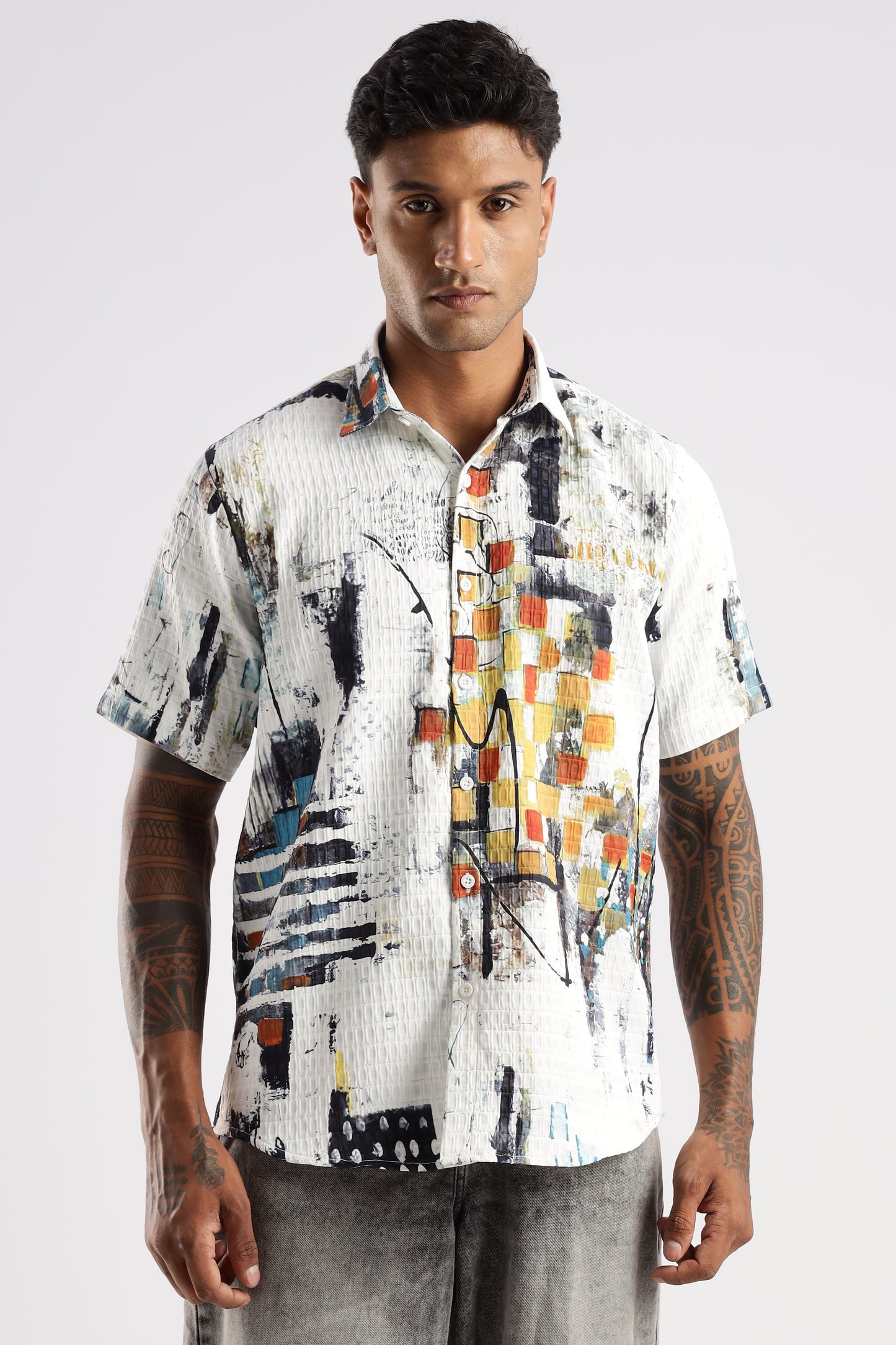 Men’s Painterly Checker Print Short-Sleeve Shirt – White Multi