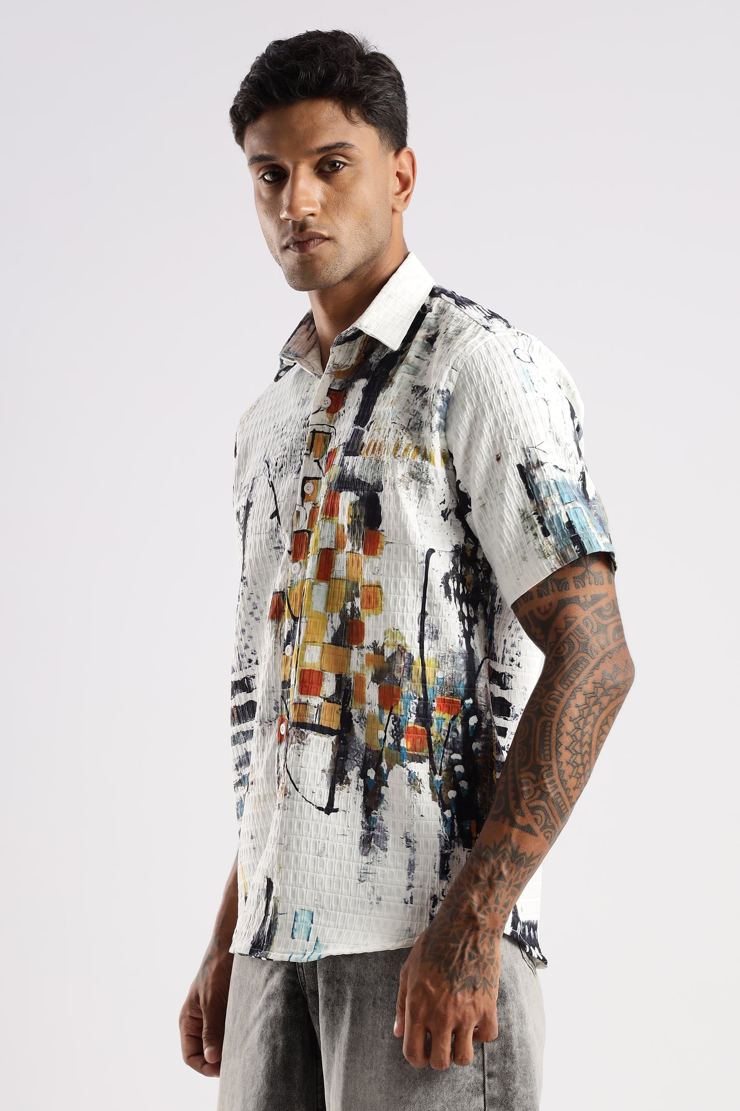 Men’s Painterly Checker Print Short-Sleeve Shirt – White Multi