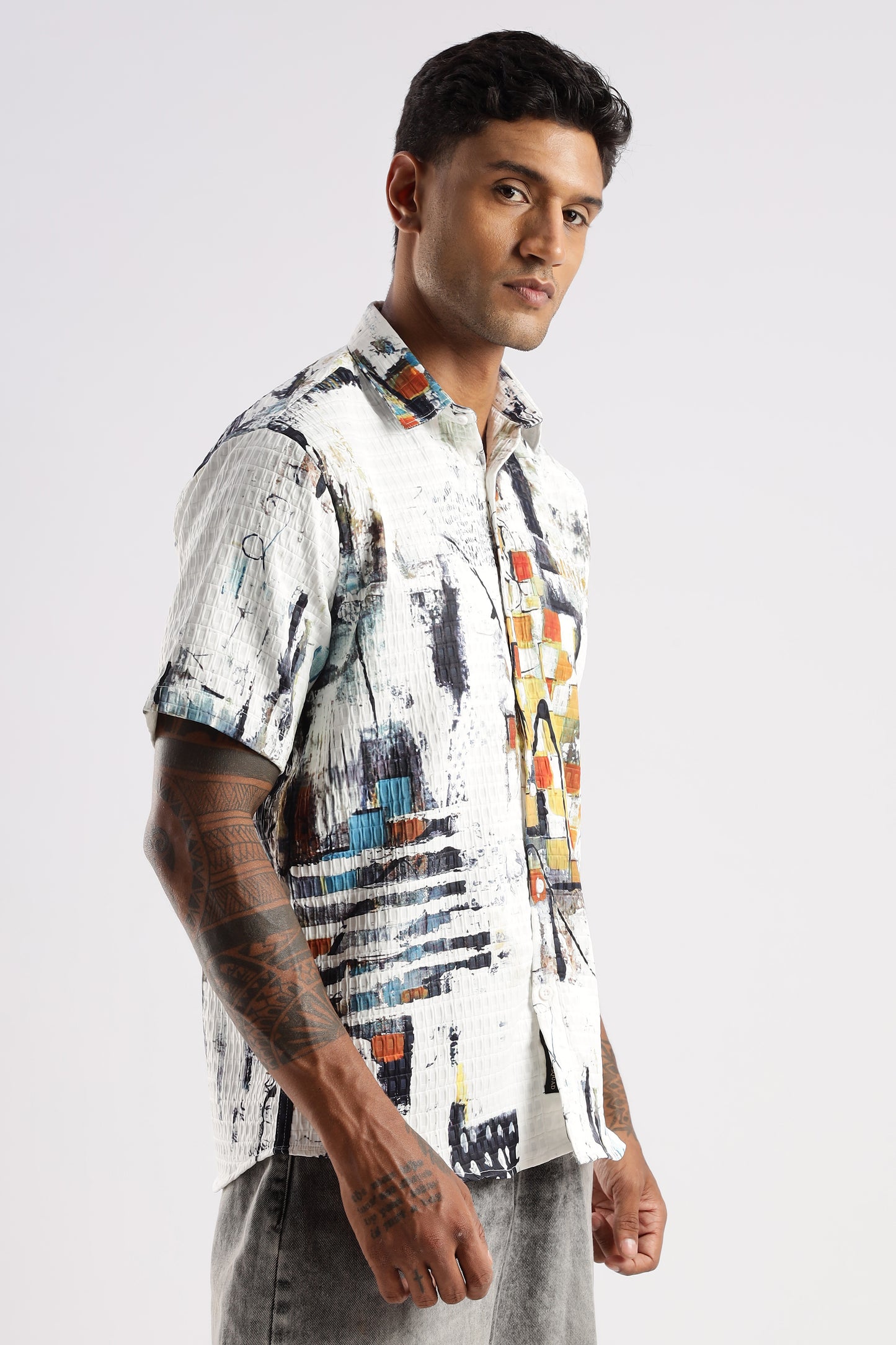 Men’s Painterly Checker Print Short-Sleeve Shirt – White Multi