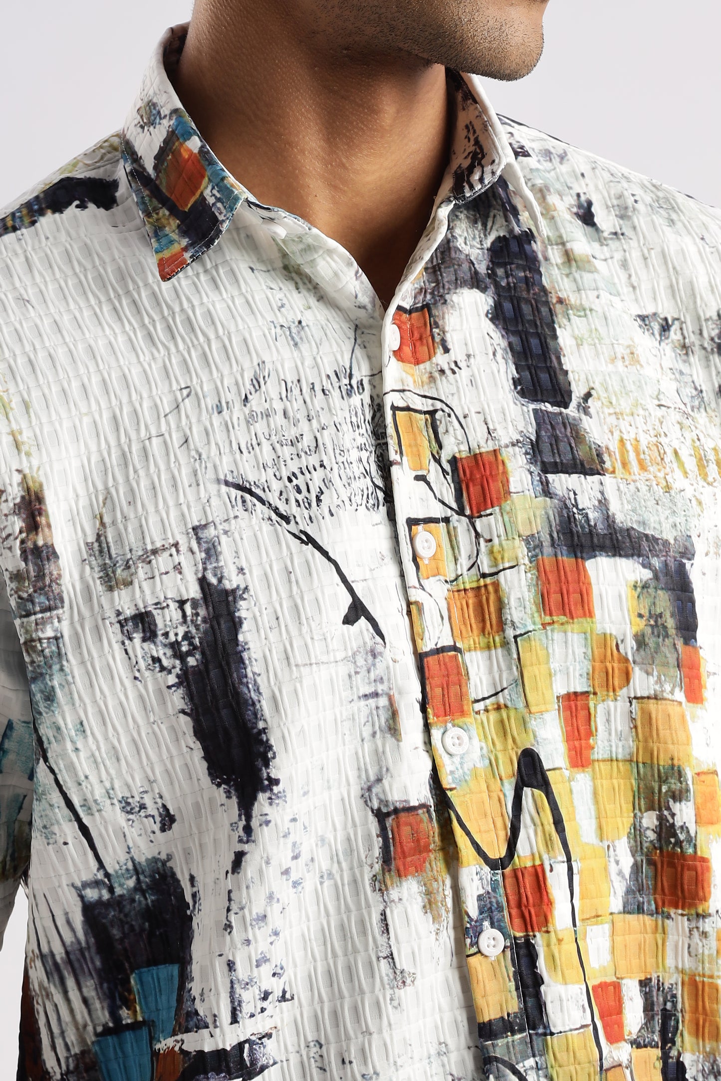 Men’s Painterly Checker Print Short-Sleeve Shirt – White Multi